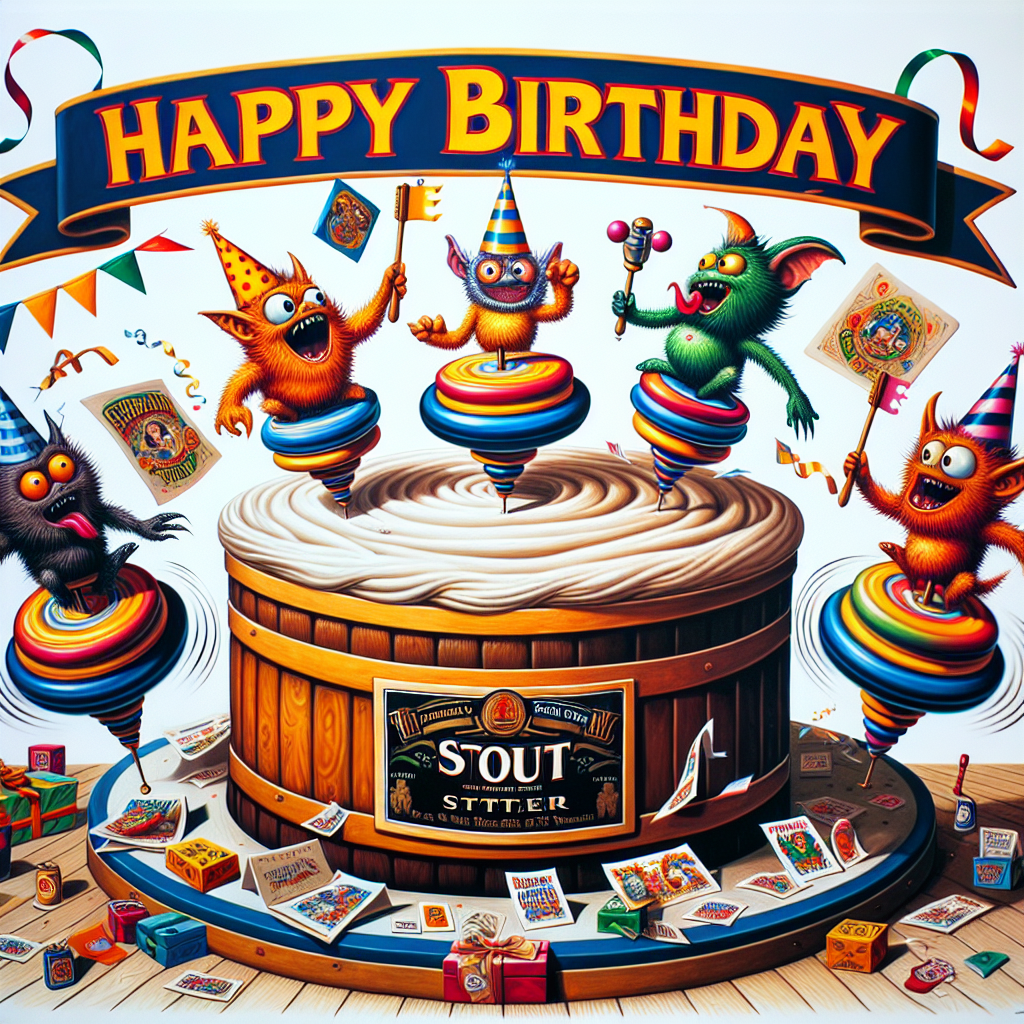 Create a humorous birthday-themed art that portrays playful, made-up creatures engaging in a duel on spinning tops. These tops are located on a colossal birthday cake designed to mimic a pint of typical Irish stout beer. Accessories such as party hats, decorative streamers, and cards are flung around to boost the festive vibe. An exuberant 'Happy Birthday' banner runs across the top, combining the joy of the imaginative games with the celebratory atmosphere.
Generated with these themes: Beyblades, Guinness , and Yu-Gi-Oh!.
Made with ❤️ by AI.