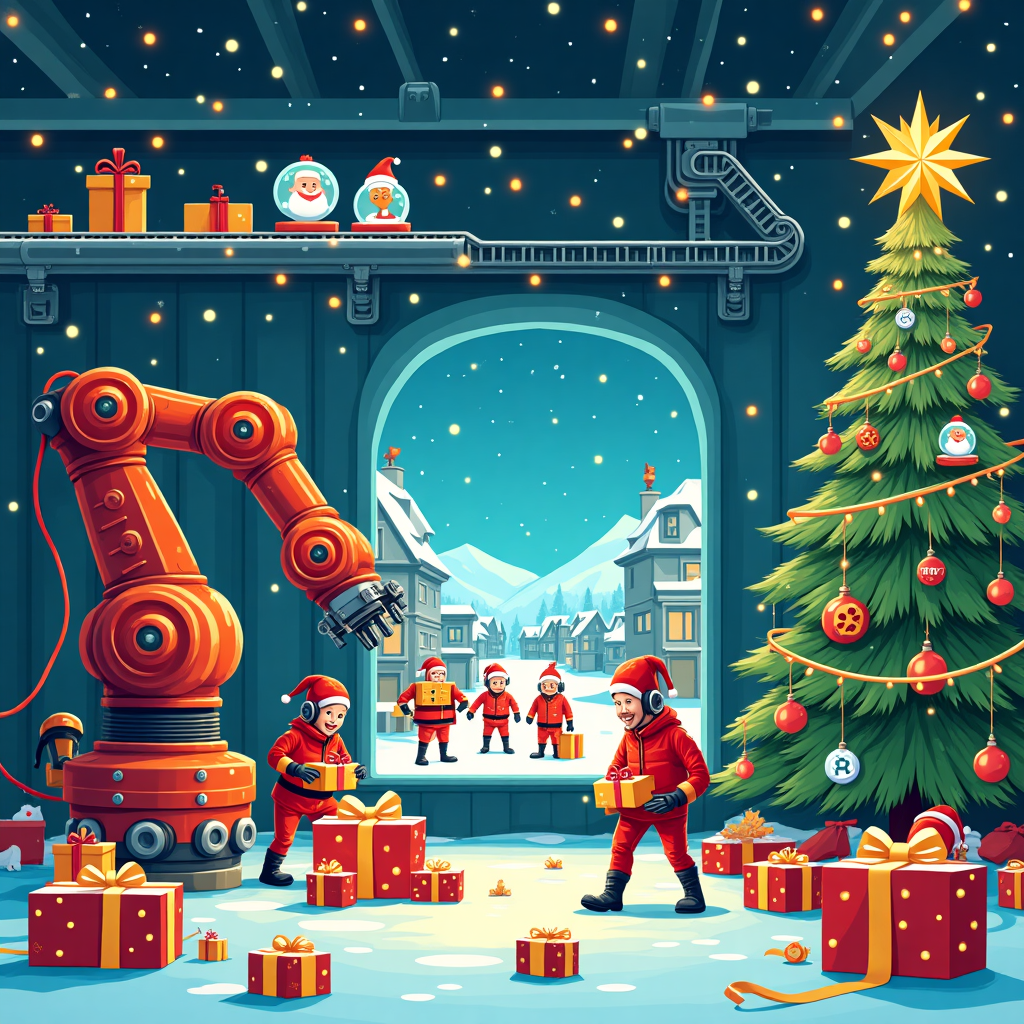 In this vibrant, whimsical vector Christmas scene, we have a bustling holiday factory set up by the fictional GWE Company, famous for their unique gadgets and gizmos. The scene is a lively factory floor, bustling with colorful activity. In the center, there's a gigantic robotic arm, adorned with bright candy cane stripes, wrapping presents with impressive speed and precision. These presents are not your typical boxes but are shaped like quirky gadgets, hinting at GWE's creative products.

To the left, a group of merry elves are dressed in futuristic workshop gear, complete with metallic sheen jumpsuits and glowing LED earmuffs, joyfully assembling snow globes. Each snow globe contains miniature scenes featuring iconic Christmas characters like a breakdancing Santa and a reindeer rock band, showcasing GWE's flair for the unusual.

On the right, we have an eccentric Christmas tree constructed entirely from spare gadget parts, its branches made from circuit boards, and its ornaments are tiny gears and colorful wires, shining under strings of fairy lights made from recycled lightbulbs. Perched atop this mechanical tree is a robotic star that spins and twinkles, sending out beams of holographic snowflakes into the air.

In the background, the walls of the factory are alive with murals, echoing the artistic influences of Yulia Sokolova's geometric precision and Patrick Seymour's intricate line work, depicting scenes of a futuristic Christmas town. Each character in the mural is a blend of Orlando Arocena’s vivid colors and Malika Favre’s minimalistic elegance.

Hovering above, a conveyor belt snakes through the air, loaded with beautifully wrapped packages heading out into the snowy landscape through a gigantic, open window. The view outside reveals a snowy night painted in the style of Joshua Davis’s dynamic digital artistry, where snowflakes fall in mathematically precise patterns, reflecting the GWE Company's dedication to creativity and innovation.

This scene captures the essence of a futuristic Christmas workshop where traditional holiday magic meets technological wonder, ready to be immortalized on a greetings card.
Generated with these themes: GWE COMPANY.
Made with ❤️ by AI.