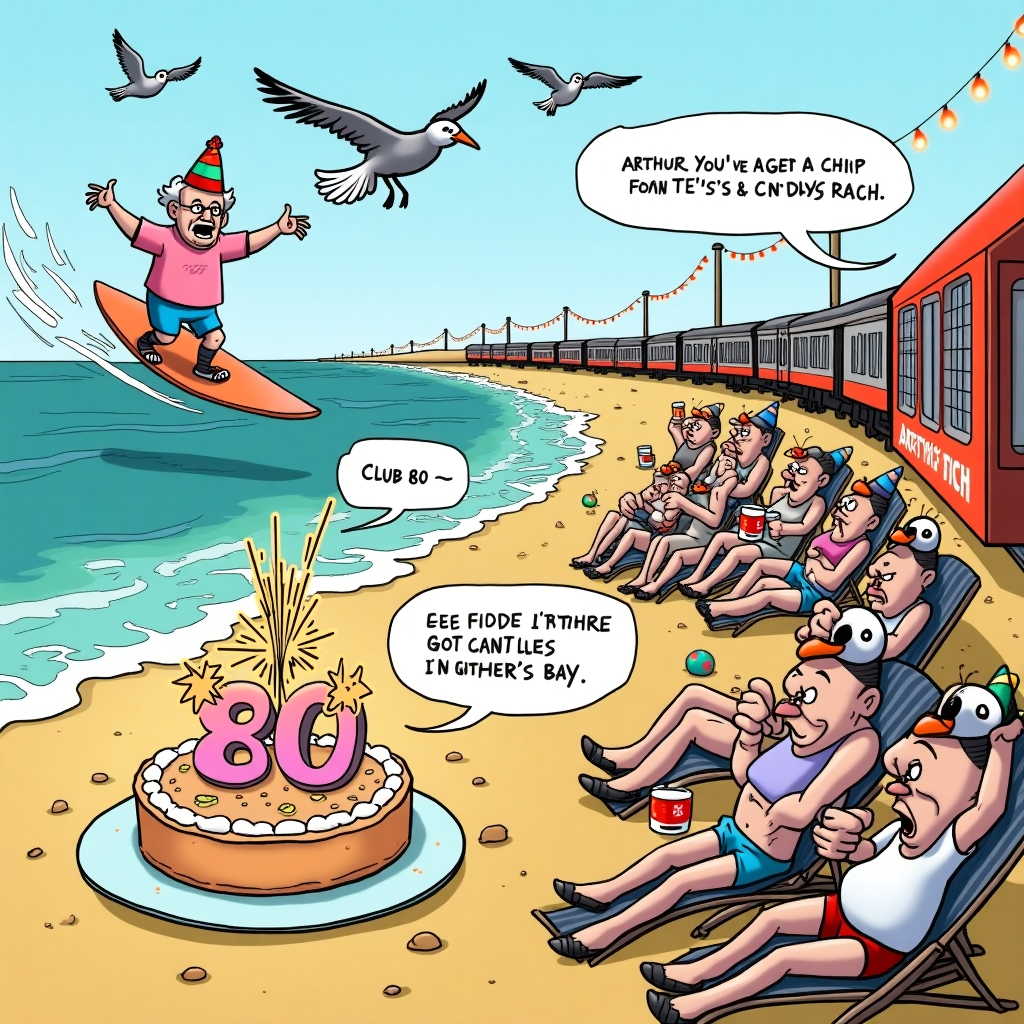 **Image Prompt:**

At the top of the illustration image, **"Arthur, You've Aged Finer Than Fish 'n' Chips at Tynemouth!"**

A lively seaside birthday scene stretches across the coast from North Shields to Whitley Bay. Cartoon seagulls wear party hats, dive-bombing a birthday cake shaped like the Spanish City Dome, with sparklers stuck in the top blazing a proud number "80". A surfing pensioner rides a custard cream biscuit across a cartoon wave near Tynemouth Longsands, cackling wildly with a knotted hankie on his head and socks in his sandals. Meanwhile, a band of wrinkly partygoers, all in vintage swimwear from the 1940s, play bingo and sip tea on deckchairs while disco lights flash around a beach hut that reads "Club 80 - Arthur's Bash!" A wonky Metro train chugs past in the background, strung with bunting, carrying confused puffins wearing bowties. A speech bubble from one of the gulls exclaims: "Eee, Arthur's got more candles than the Fish Quay’s got chips!"  

The entire scene has bright, playful colours and a comic, slightly chaotic vibe – the ultimate Geordie beach party gone birthday bananas!
Generated with these themes: North Shields, Whitley Bay, Tynemouth, and 80.
Made with ❤️ by AI.