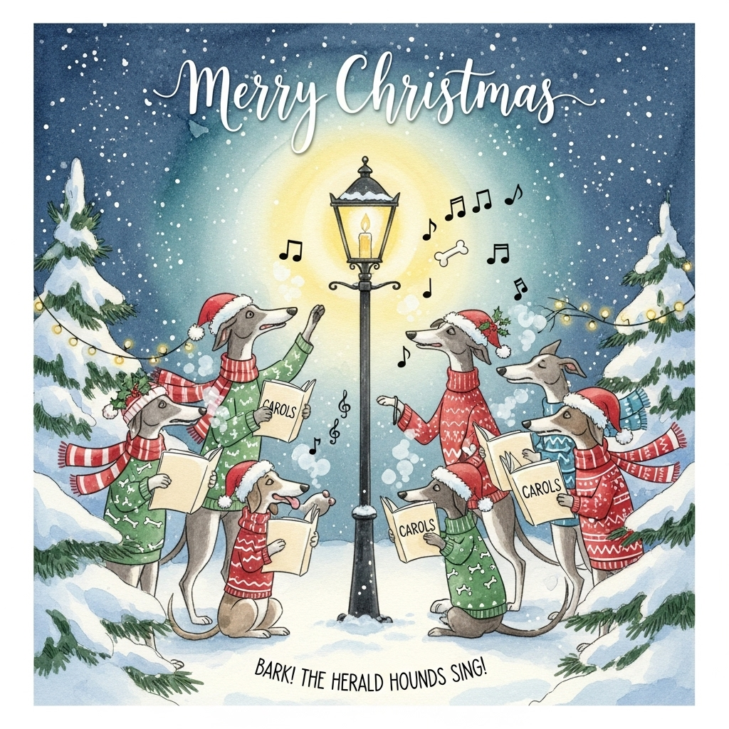 Group of lurcher singing Christmas carols, and Christmas Card