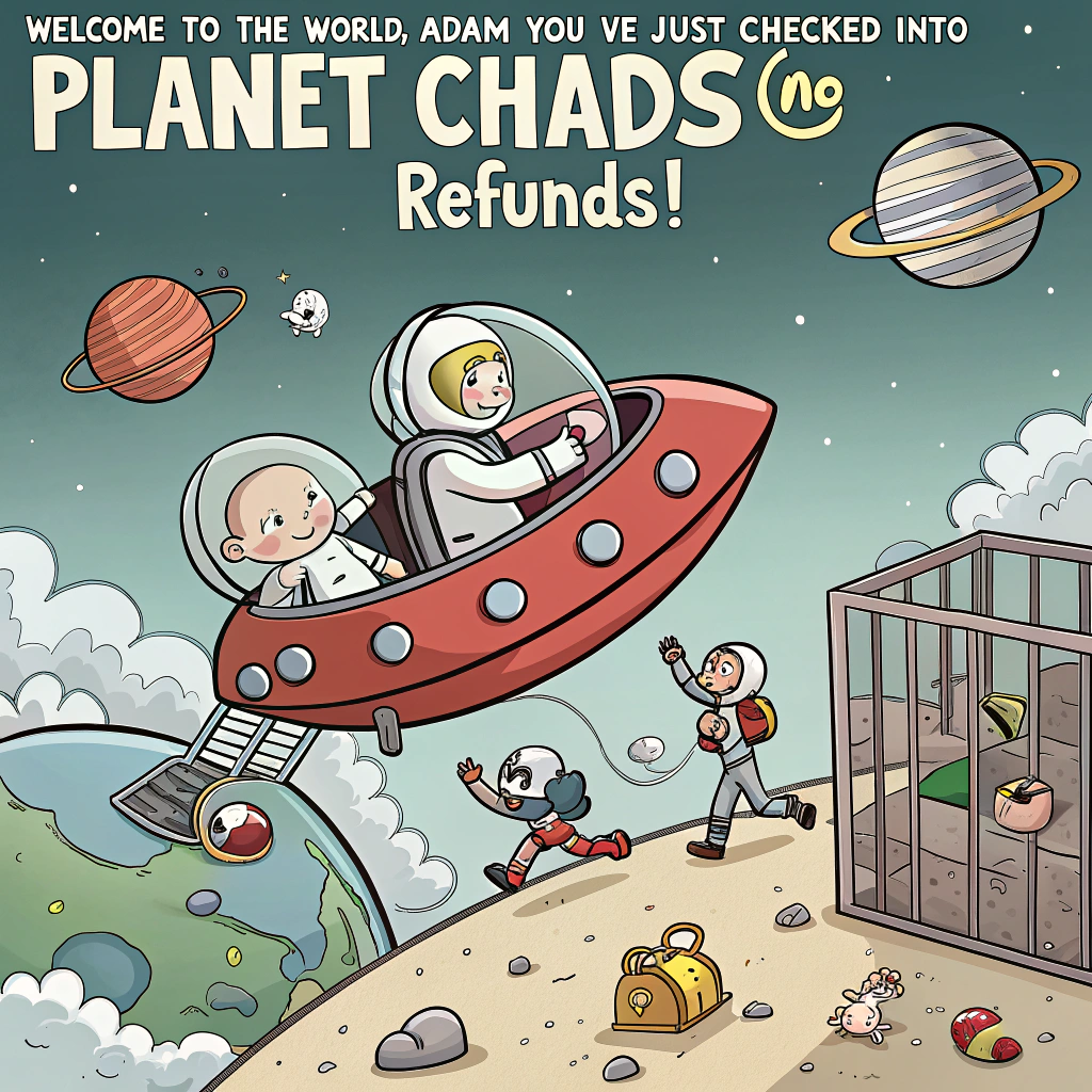 At the top of the image, "Welcome to the World, Adam—You’ve Just Checked Into Planet Chaos (No Refunds)!"

- The image should show a funny cartoon scene of baby Adam arriving on Earth in a flying baby bottle spaceship, crash-landing into a chaotic nursery strewn with rattles, nappies flying like frisbees, and two sleep-deprived cartoon parents wearing battle helmets.
- Include quirky aliens in baby onesies holding up “Welcome!” signs and one offering a pacifier like it’s sacred.
- The baby spaceship door is open, revealing Adam grinning with a diaper and shades like a rockstar.
- Background can be filled with little doodle-like clouds shaped like milk bottles and pacifiers raining gently.
Generated with these themes: WELCOME TO THE WORLD.
Made with ❤️ by AI.