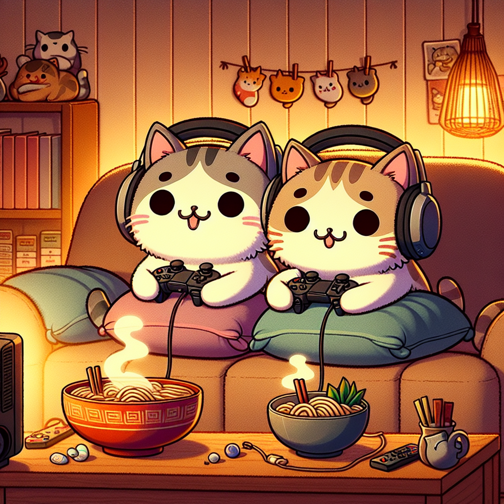 Generate an image capturing a comforting anniversary scene where two cute, cartoon-style cats are enjoying a gaming session together. These cats are comfortably nestled on a plush couch, both having a gaming headset and a controller in their paws. They are depicted in their natural habitat, a warmly illuminated living room brimming with cat-related decoration and trinkets. Adding a pleasant sensory detail, there is a bowl of steaming ramen on a nearby side table radiating a delicious aroma, symbolizing a common fondness for the dish between the cats.
Generated with these themes: Gaming, Cats, and Ramen.
Made with ❤️ by AI.