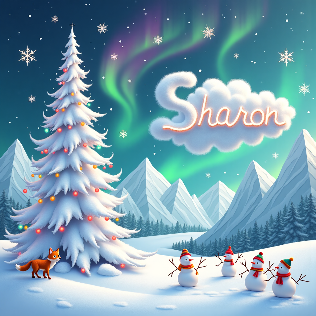 Imagine a whimsical Christmas landscape where the boundaries of reality and imagination blend seamlessly. In the foreground stands a majestic, avant-garde white Christmas tree, its branches swirling upwards like a spiraling tower made of frosted lace. Each branch is adorned with geometric ornaments that resemble faceted jewels, catching the light and scattering rainbow reflections onto the pure white snow below. This snow blankets the landscape in a fluffy, pristine layer, gently undulating like a serene sea of cotton.

To the right of the tree, a cluster of oversized snowflakes gently cascades from the sky, each flake a different intricate design, inspired by Patrick Seymour's vector lines and shapes. They hang suspended in mid-air, frozen in time, as if part of a celestial dance.

In the background, a fantastical mountain range rises, their peaks tinged with a soft blue hue and lined with crisp, angular lines reminiscent of Lisa Lopuck's crisp, clean style. These mountains serve as a canvas for a spectacular aurora borealis, where ribbons of neon colors—vibrant greens, purples, and blues—flow across the sky, drawing influence from the vibrant works of Malika Favre.

Floating amidst this natural wonder is a large, fluffy cloud shaped like a fanciful, playful creature with a long, curling tail that spells out "Sharon" in elegant, flowing script, as if written by an ethereal hand. The letters sparkle subtly, reflecting the magical light of the northern lights above.

Adding a touch of the surreal, a group of animated snowmen, with bodies made of geometric cubes and pyramids inspired by Matt W. Moore's abstract designs, dance joyously around the base of the tree. They are adorned with colorful scarves and hats, their carrot noses and coal eyes mischievously exaggerated.

In the lower left corner, a small, curious fox, designed in the bold, contrasting colors and clean lines of Von Glitschka, peers out from behind a snowbank, its eyes wide with wonder at the scene unfolding before it.

This card is not just a greeting; it is an invitation to step into a dreamscape where imagination knows no bounds, and where "Sharon" becomes part of an enchanting winter story.
Generated with these themes: white christmas tree,snow.
Made with ❤️ by AI.
