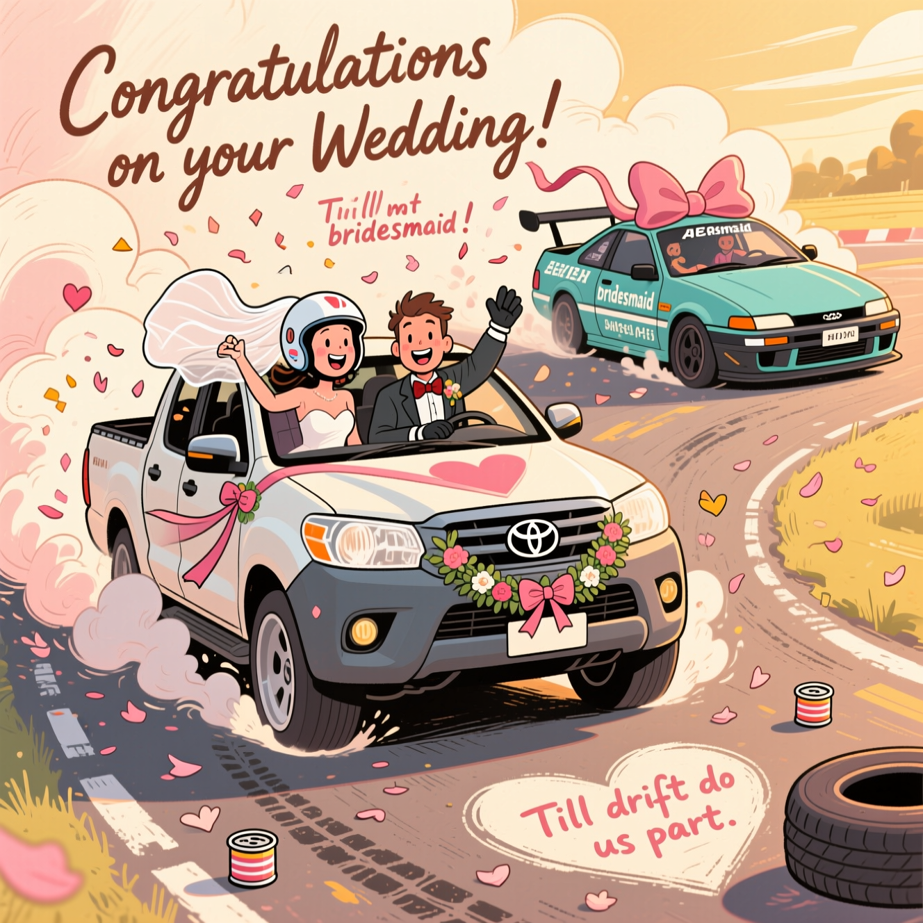 At the top of the Illustration Style image, "Congratulations on your Wedding!"
Hand-drawn illustration with fine linework, textured brush strokes, balanced composition, and a warm, expressive color palette. A playful, high-energy wedding scene: a lowered Toyota Hilux, dressed with ribbons and a floral grille garland, powers through a joyful drift, carving a heart-shaped skid on sun-warmed asphalt. The bride (helmet with a flowing veil) and groom (racing gloves and a bow tie) beam from the cab as confetti and petals swirl through creamy tire smoke. Two iconic JDM cars—an AE86 and a Silvia S15—tandem drift behind as “bridesmaid” cars, each with oversized bows and streamers, kicking up festive petals. The tire smoke curls into soft hearts around them. Integrate one cheeky line of text into the smoke: “Till drift do us part.” in playful, hand-lettered script. Add humorous touches like tiny wheel-shaped tin cans trailing the Hilux, heart-shaped tire marks, and expressive motion lines. Golden-hour lighting in peaches, blush, and honey with teal and charcoal car accents; soft paper texture. Full-bleed, image-first composition; no other text or logos.
Generated with these themes: JDM cars, Drifting, Toyota Hilux, and .
Made with ❤️ by AI.
