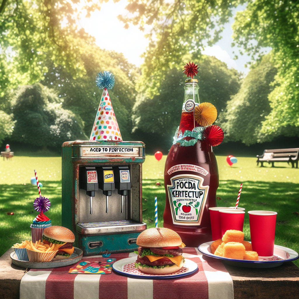 In a sun-dappled park, a birthday picnic is in full swing on a classic checkered blanket. A delightfully unusual soda fountain, dispensing a sparkling cola drink into bright red cups, is a centerpiece to the feast. Next to a platter of juicy burgers, is a bottle of ketchup characterized by its rosy cheeks and a festive party hat. A whimsical and styled box, adorned with colourful streamers, stands ever so slightly open on the periphery of the scene, bearing the playful inscription 'Aged to Perfection', merely a quirky addition to the joyful birthday setting.
Generated with these themes: Coca Cola , Ketchup, and Coffin.
Made with ❤️ by AI.