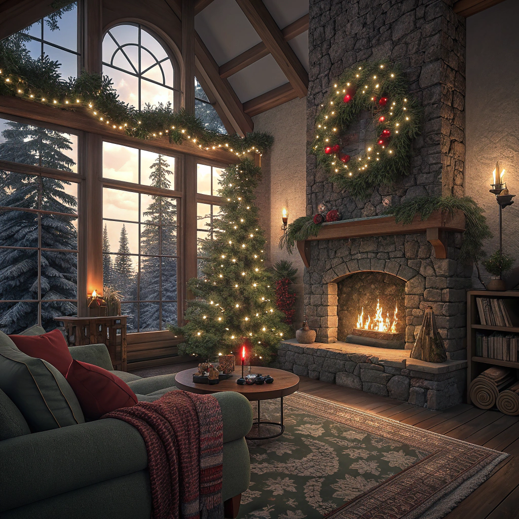 Christmas tree, snow, fire place, greenery, wreath, and Christmas Card