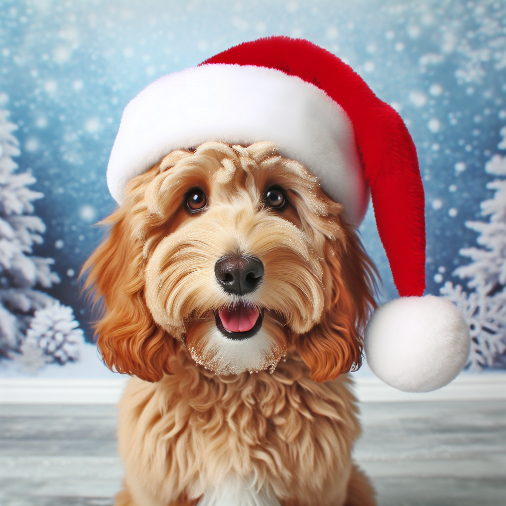 In the festive scene, a bubbly golden-coated adult Cockapoo sits merrily amidst a winter wonderland backdrop. Its brown eyes sparkle with glee as it dons a red Santa hat slightly askew on its head, complementing its fluffy fur.
.
Made with ❤️ by AI.
