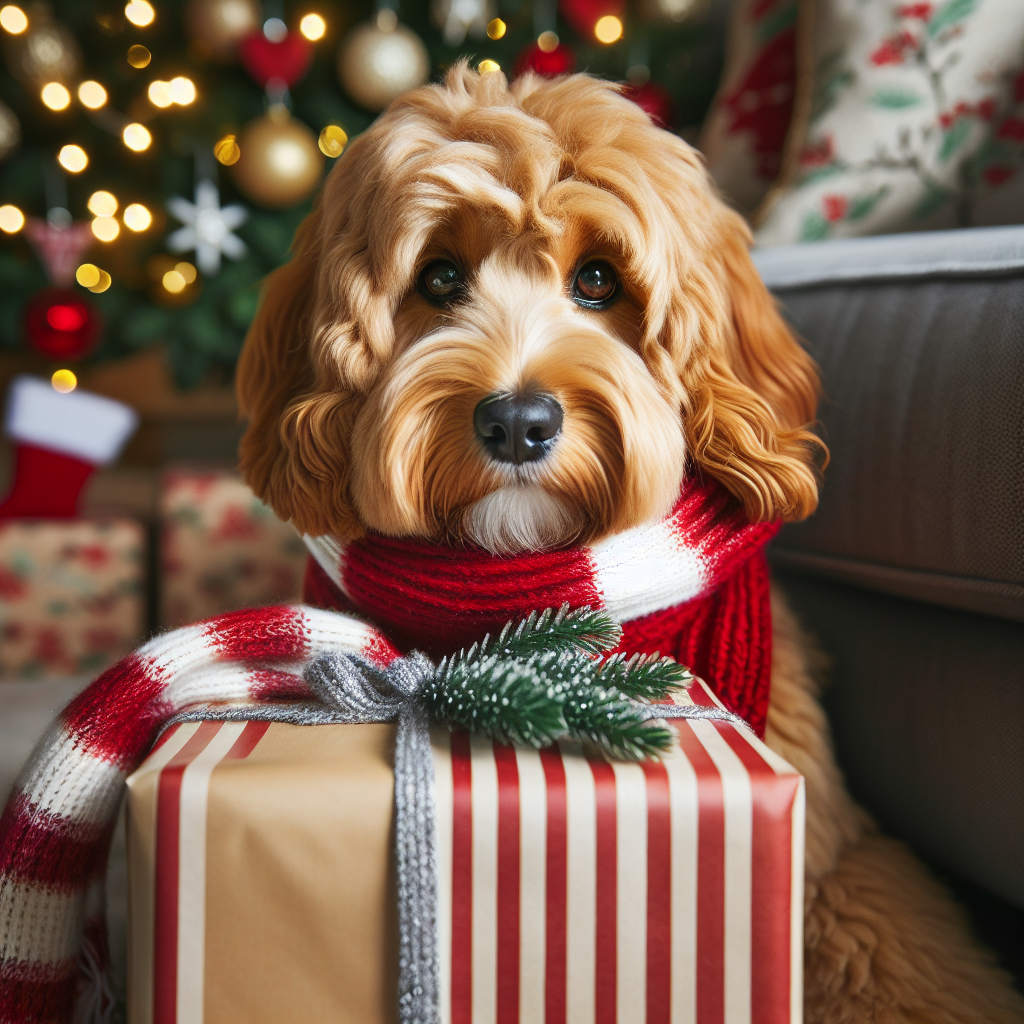 The golden adult Cockapoo in the scene looks cozy wrapped in a red and white striped scarf, contrasting against its golden fur. Its brown eyes are alight with mischief as it gently gnaws on the corner of a wrapped present under the illustrated Christmas tree.
.
Made with ❤️ by AI.