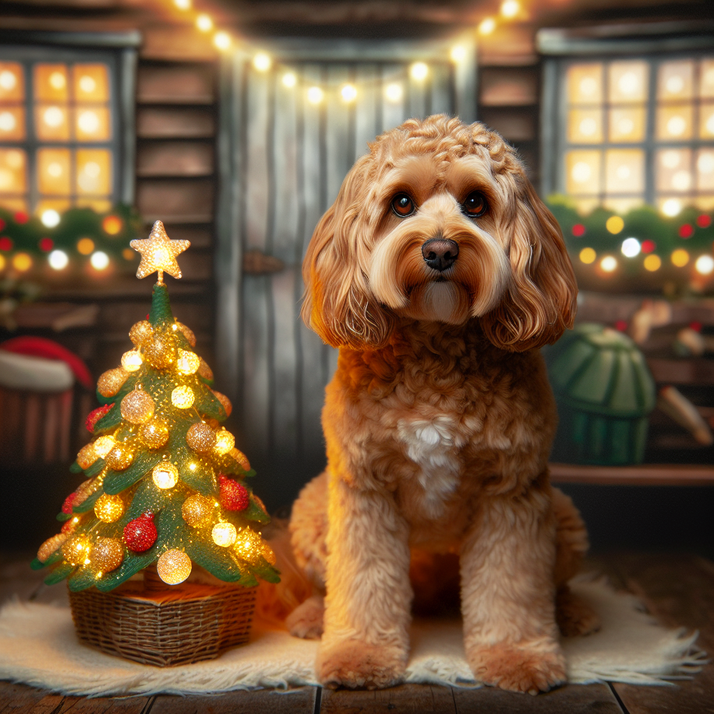 A quaint Christmas village scene features a charming adult Cockapoo with a shiny golden coat. Its warm brown eyes match the comforting glow of the lights adorning the cartoon Christmas tree it sits beside, radiating holiday cheer.
.
Made with ❤️ by AI.