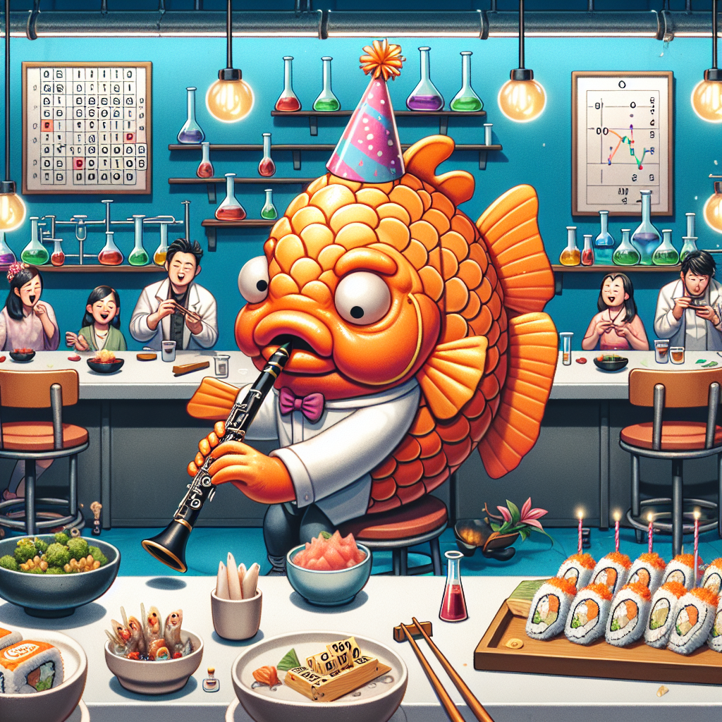 Depict a playful birthday scenario inside a chemistry-themed restaurant. In the middle of the room, a sizable orange fish with scale patterns, wearing a party hat, humorously tries to play a clarinet - the clumsy handling of the instrument incites laughter among the watchers. Around this scene, elements of a dining celebration are evident: sushi rolls, Korean delicacies laid out, and customers engaged in jovial games of mahjong and sudoku. Chemistry equipment brims with unknown mixtures, further enhancing the cheerful atmosphere and the unique fusion of personal interests and culinary delights.
Generated with these themes: Clarinet, mahjong, sudoku, sushi, magikarp, korean food, chemistry.
Made with ❤️ by AI.