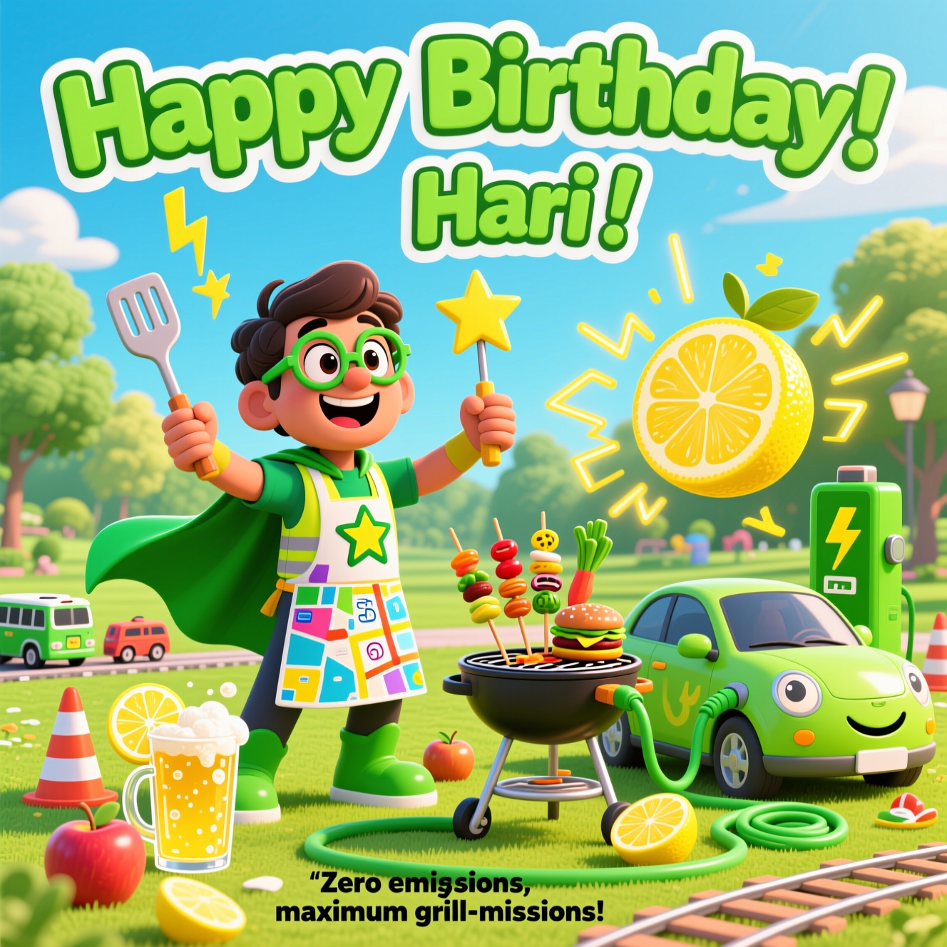 At the top of the Cartoon Style image, “Happy Birthday Hari!” in big, bubbly lime‑green letters with thick white outline and a playful drop shadow.

A bright, funny, high-energy cartoon scene in a sunny park, bursting with saturated greens and citrus yellows. Center stage: Hari as a transport‑planner superhero—exaggerated proportions, huge grin, round glasses—rocking a hi‑vis vest over a comic‑style apron with a bold star emblem, and a flowing cape made from a colorful transit map. Hari strikes a heroic, whimsical pose, holding a lightning‑bolt spatula and star‑shaped tongs.

Next to Hari, a cheeky lime‑green electric car with smiling headlights and thick outlines plugged into a giant lemon “battery.” Zippy yellow energy arcs travel from the lemon to a BBQ grill shaped like a shiny hero shield. The grill sizzles with cartoon skewers (lightning‑bolt veggies, wheel‑shaped burgers) while bubbly golden cider in a frosty glass (lemon wedge perched on the rim) gleams nearby. Scattered around: apples, extra lemons, and a coiled green charging cable looping in fun curly shapes.

Marvel‑style visual nods: dynamic action lines, comic burst halos, star motifs, and heroic stance—no text sound effects. Transport planner flair everywhere: a clipboard with doodled route icons, tiny buses/trains/bikes circling in a playful orbit, traffic cones tinted citrus green, and a miniature track line curving toward the grill. Thick black outlines, glossy highlights, and whimsical, energetic poses throughout.

At the bottom, a small cheeky caption in bold, punchy lettering: “Zero emissions, maximum grill‑missions!”
Generated with these themes: Electric car, Bbq, Lemon, Cider, Green, Marvel, Transport planner, and .
Made with ❤️ by AI.