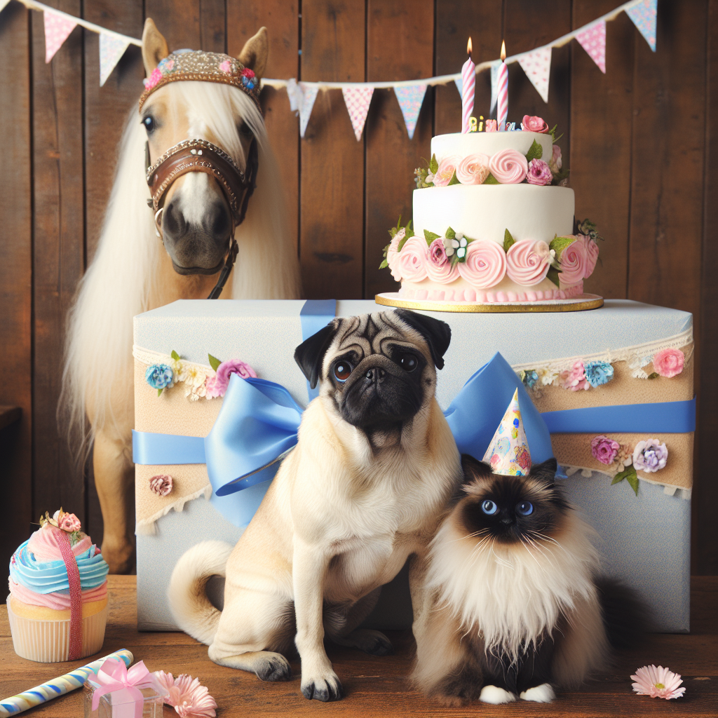 Pug, Ragdoll cat, and Horse Birthday Card