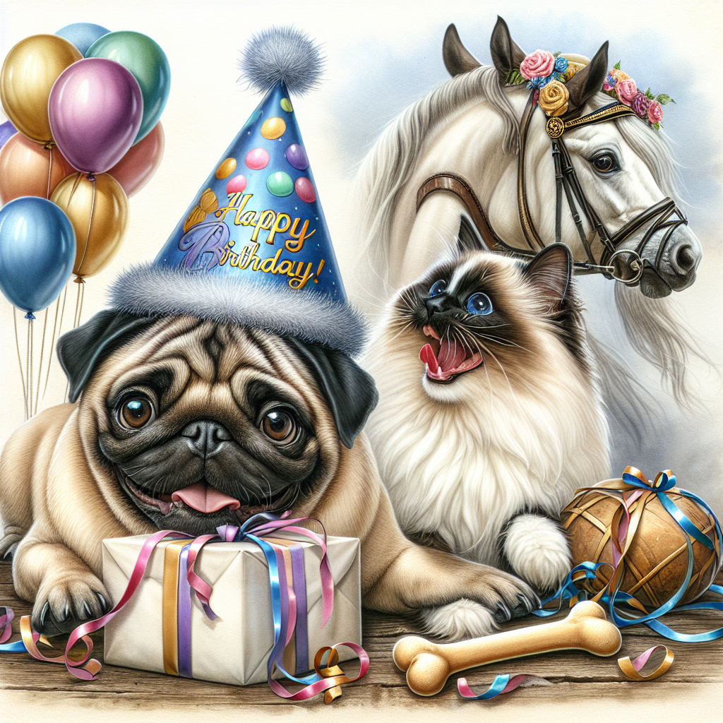A quaint birthday drawing imbued with a playful spirit, showcasing a delighted pug wearing a joyful party hat, comfortably stationed beside a bone neatly wrapped as a gift. A fluffy ragdoll cat with widened, celebratory eyes is interacting joyously with a tangled ribbon. As a backdrop, a placid horse elegantly positioned wearing a bridle festooned with multi-colored balloons, forming an affectionate and lively birthday ambiance.
Generated with these themes: Pug, Ragdoll cat, and Horse.
Made with ❤️ by AI.