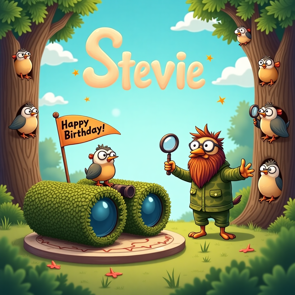 In the whimsical scene that bursts with humor and quirky charm, imagine a forest clearing where the birthday festivities for Stevie are underway. At the center of the image is a large, comical cake in the shape of a pair of binoculars, adorned with lush, edible foliage frosting for that perfect camouflage look. Perched atop the binocular cake is a tiny bird with a bushy beard, peering through a miniature pair of spectacles while holding a celebratory flag that says, "Happy Birthday, Stevie!" in bold, playful letters. 

Nearby, a cartoonish character resembling a birdwatcher stands enthusiastically, equipped with an over-the-top bushy beard that reaches down to their knees. They're clad in an exaggerated camouflage outfit that blends hilariously with the surrounding trees, which have been painted to have beards and spectacles on them, humorously disguising them as fellow birdwatchers. Above them, in the bright blue sky, fluffy white clouds have been artfully shaped to spell out "Stevie" in cursive, making sure the message is seen by everyone in this delightful forest scene.

In the background, cartoon birds with cheeky grins peek out from the branches of trees, some wearing tiny beards, and others sporting miniature spectacles. One particularly cheeky bird is using a small magnifying glass, giving a nod to the idea of observation and examination. The overall image is lively and bustling, with every element cleverly tied to the themes of birdwatching, beards, binoculars, and camouflage, celebrating Stevie’s special day with a unique and humorous twist.
Generated with these themes: Birdwatching, Beard, Binoculars, Spectacles, and Camoflage.
Made with ❤️ by AI.