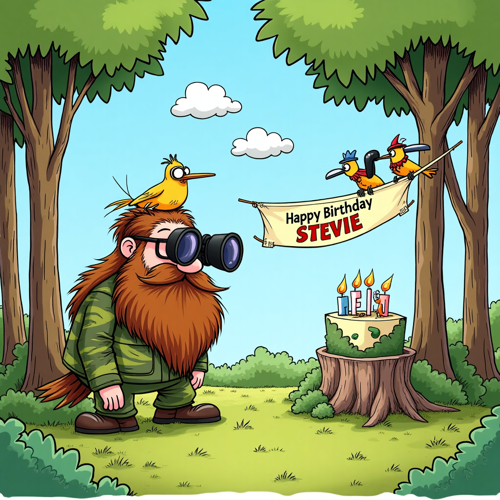 The scene is set in a whimsical, cartoonish forest clearing on a bright, cheerful day. At the center, an eccentric birdwatcher, resembling a mix of a Peanuts character and a Far Side oddball, is crouched behind a bush, decked out in exaggerated camouflage gear that comically mismatches the vibrant forest colors. The birdwatcher has a fantastically bushy beard that spills out over his binoculars, comically obstructing his view, and is perched atop his nose like a nest. His spectacles are askew, adding to the humorous disarray.

Perched on top of the beard is a small, cheeky bird mimicking the watcher's pose, holding tiny toy binoculars and wearing mini-spectacles. A flock of birds, each with different wacky hats and accessories, is gathered nearby, some peering curiously back at the bemused watcher.

In the background, the trees form a natural frame, their leaves swaying gently. Hidden amongst the leaves is a banner strung between two branches, reading "Happy Birthday Stevie!" in playful, colorful lettering. In the sky above, a few clouds lazily drift by, one of which has taken the form of a playful beard and spectacles, adding an extra touch of whimsy to the scene. A camouflaged cake sits discreetly on a nearby tree stump, nearly invisible save for the brightly lit candles spelling "Stevie."

The scene is bustling with life and humor, capturing a delightful chaos that draws inspiration from Schulz's simplicity, Disney's lively characters, and Larson's quirky humor. It's a birthday greeting sure to bring a smile to Stevie's face.
Generated with these themes: Birdwatching, Beard, Binoculars, Spectacles, and Camoflage.
Made with ❤️ by AI.
