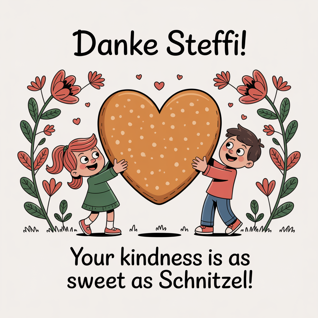 At the top of the image, "Danke Steffi!"

Add at the bottom of the image, "Your kindness is as sweet as schnitzel!"

- Illustrate a charming scene with two playful cartoon characters, Scarlett and Henry, holding a giant heart-shaped schnitzel. They're surrounded by whimsical, hand-drawn flowers and leaves, creating a warm and friendly atmosphere.
Generated with these themes: .
Made with ❤️ by AI.