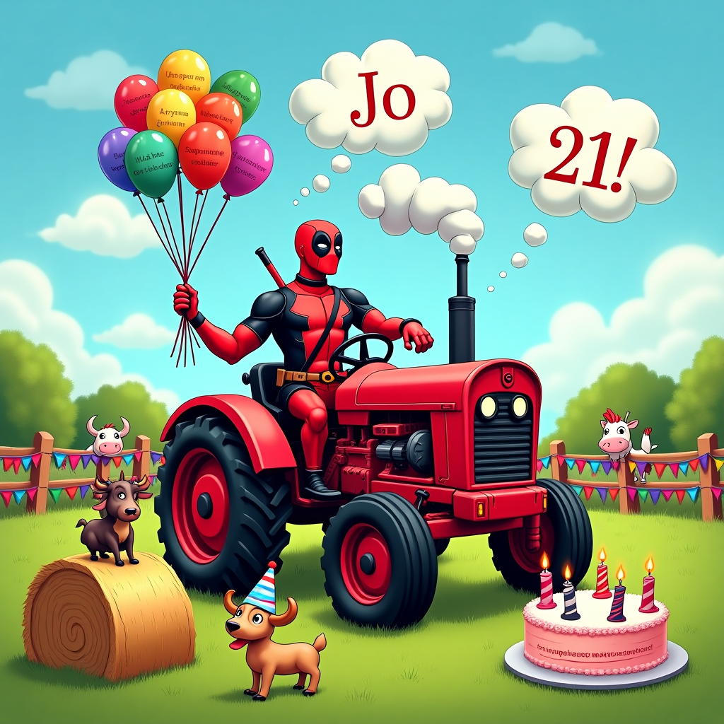 On the front cover of this birthday greeting card, Deadpool is perched atop a bright red tractor in the middle of a sunlit field. The tractor is an exaggerated, cartoonish model, with oversized wheels and a large smokestack puffing out cheerful white clouds. Deadpool, ever the eccentric anti-hero, is casually leaning back in the driver's seat, his iconic red and black suit contrasting against the lush green backdrop of the field. He's holding a colorful bouquet of balloons in one hand, each balloon imprinted with a different witty Deadpool-esque quip.

In the background, a sprawling blue sky stretches across the card, and cleverly written in fluffy white clouds are the words "Jo - 21! 👍". These clouds have an intricate, playful swirl to them, as if arranged by an unseen artist just for Jo’s special day. Surrounding the tractor, a motley crew of friendly farm animals—cows, chickens, and a particularly sassy goat wearing a tiny birthday hat—gather around, seemingly amused by the antics of the costumed character on the tractor. Nearby, a rustic wooden fence adorned with colorful bunting in the shape of chimichangas (Deadpool's favorite) adds a festive touch to the scene.

In the foreground, a birthday cake sits on a hay bale, decorated with action figures of Deadpool striking various dynamic poses. The cake is frosted with bold red and black icing, and 21 candles flicker in the light, casting a warm glow over the jovial gathering. This lively, humorous scene captures a slice of unconventional birthday cheer, perfect for Jo’s 21st celebration.
Generated with these themes: Deadpool tractor .
Made with ❤️ by AI.