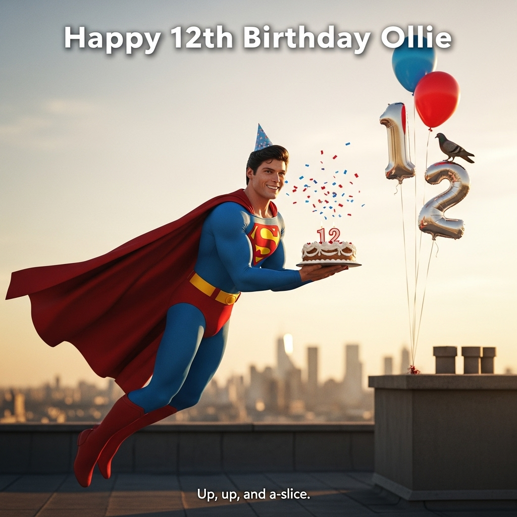 At the top of the Photorealistic picture taken from a camera image, Happy 12th Birthday Ollie

Ultra-high-definition 4K UHD, photorealistic portrait shot on a full-frame DSLR, 85mm lens at f/2, golden-hour backlight with soft fill, shallow depth of field. On a Metropolis-style rooftop, a photorealistic lookalike of Christopher Reeve in the classic Superman outfit hovers a few inches above the ground, friendly grin and signature curl, cape catching the sun with a warm rim light. He presents a frosted birthday cake with a big “12” candle; a playful puff of super-breath bends the tiny flames sideways and sends red-and-blue confetti and two shiny helium balloons (a “1” and a “2”) gently drifting. A cheeky pigeon perches on the “2” balloon, staring at the cake. City skyline in the background rendered with creamy bokeh; lifelike fabric textures, subtle skin detail, realistic frosting swirls and candle glow. Color grade: natural, filmic, clean contrast. Compose in portrait orientation, eye-level, center framing for maximum impact.

Set the top text in bold, clean white lettering with a soft drop shadow for legibility against the sky.

Add a small, playful caption at the bottom in a simple sans-serif: Up, up, and a-slice!

No other text or watermarks.
Generated with these themes: Christopher reeve , Superman , and .
Made with ❤️ by AI.