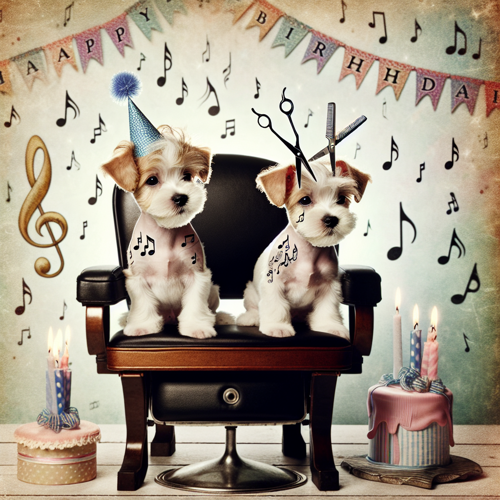 Create a heartwarming, birthday-themed image featuring twin puppies of undefined descent with stylish haircuts, obediently perched beside a vintage barber's chair. Each pup sports a tiny, thematic tattoo - one flaunting musical notes, the other brandishing grooming scissors. Above them, musical notes and birthday ribbons intermingle, imbuing the atmosphere with a sense of playful celebration. The backdrop appears to metaphorically pulsate with a soft melody, lending a serene ambiance to the festive scene.
Generated with these themes: Barbering, Dogs, Music, Tattoos, and Twins.
Made with ❤️ by AI.