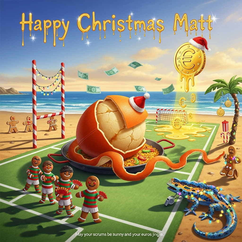 At the top of the Surreal Style image, “Happy Christmas Matt” in molten-gold, hand-painted script that gently drips like sunshine, with tiny sparkling €-flakes glinting around the letters.

Dreamlike, Dali-inspired surreal Christmas scene on a sun-drenched Spanish beach that morphs into a rugby pitch of Gaudí mosaic tiles. Centerpiece: a colossal orange rugby ball, half-peeled, perched in a gleaming paella pan; the curling peel streams out as red-and-yellow ribbons like festive bunting. Overhead, a gigantic golden euro-coin sun wearing a tiny Santa hat melts slowly, its liquid rays pooling into shimmering € shapes and painting glowing pitch lines across the sand. Candy-cane goalposts lean like Sagrada Família spires; strings of fairy lights drape from post to post. Friendly gingerbread rugby players in green-and-red jerseys form a jaunty scrum, tiny flamenco fans tucked in their belts, their shadows long and impossible. Euro banknotes drift like snowflakes through warm, hazy air; coins dangle as baubles from a sun-bent palm. Along the touchline, a Gaudí-style mosaic lizard curls protectively, sporting a whistle and twinkling lights. Palette of saffron gold, sangria red, evergreen, and Mediterranean cyan; ethereal lighting, melting shapes, elongated shadows, painterly textures, crisp whimsical detail in the foreground, soft vignette, high-resolution, funny yet elegant surrealism.

At the bottom of the image, a small playful caption: “May your scrums be sunny and your euros jingle.”
Generated with these themes: Spain, rugby, sunshine,money, and .
Made with ❤️ by AI.