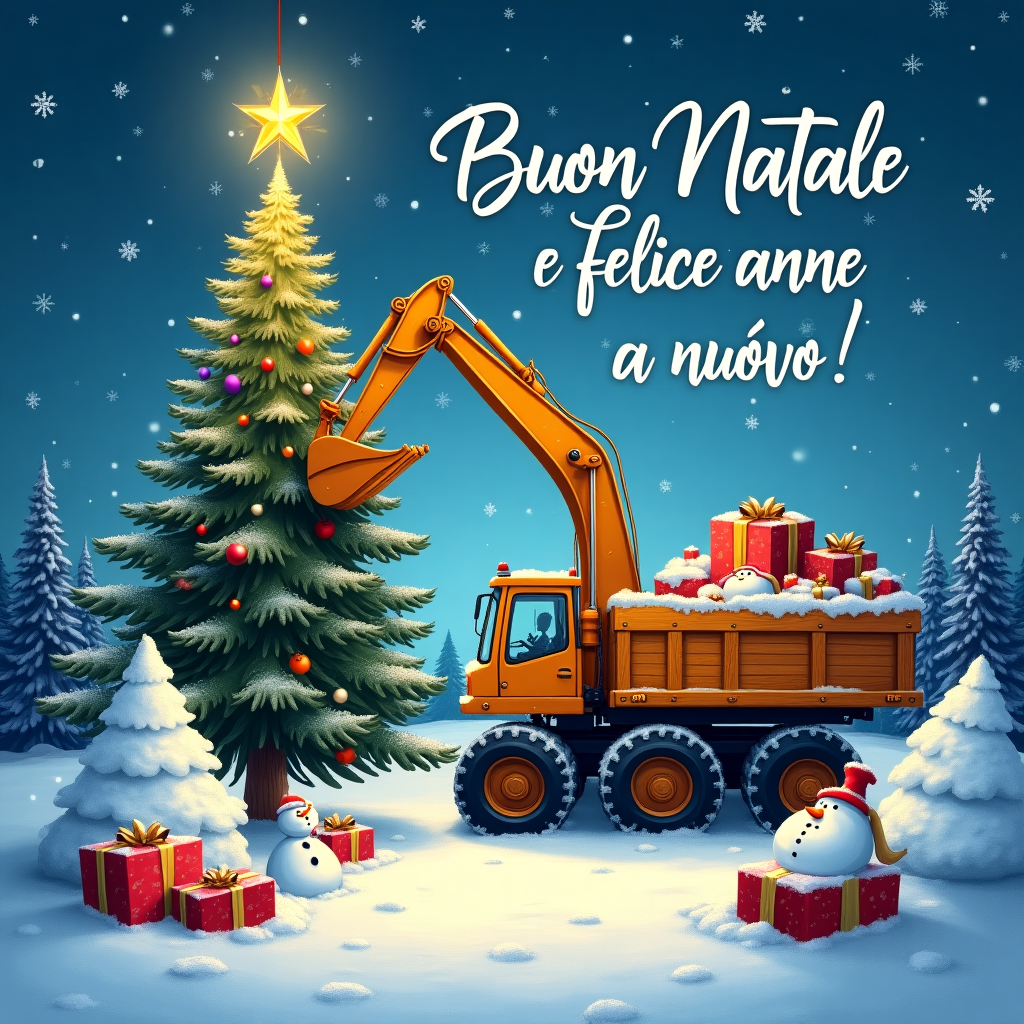 In the center of this unique Christmas-themed greeting card, a mighty Escavatore (excavator) stands majestically amidst a winter wonderland. Its arm is gracefully hoisting a huge, gleaming star toward the top of a towering pine tree, decorated with twinkling fairy lights and vibrant ornaments. Nearby, a rugged Camion (truck) is parked with its bed filled to the brim with large, beautifully wrapped presents adorned with shimmering ribbons. Surrounding this industrious scene are heaps of freshly dug snow from the Scavo (excavation), artfully shaped into playful snow sculptures of reindeer and snowmen. The sky is an enchanting twilight blue, scattered with gently falling snowflakes. In the background, the words "Buon Natale e felice anno nuovo!" are elegantly inscribed in the clouds, appearing as if painted by the wisps of snow itself. This adds a magical touch, floating above the snowy landscape like a celestial banner, celebrating the season and the recipient.
Generated with these themes: Escavatore , Camion, and Scavo.
Made with ❤️ by AI.