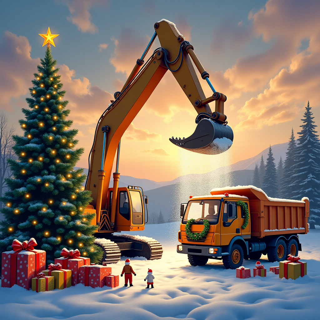 In the heart of a snowy Italian construction site, the scene captures the harmony of Christmas spirit interwoven with the robust power of machines at work. A towering escavatore (excavator) with its long arm raised towards the sky is draped in twinkling fairy lights, resembling a giant Christmas tree. Its bucket holds a load of sparkling snow, ready to be gently poured onto the scene below. To the right, a brightly colored camion (truck), decorated with red and green garlands, has its door open to reveal a festive wreath hanging on the steering wheel. Piled beside the camion are gifts wrapped in vibrant paper, with oversized bows catching the gentle light of the setting sun. Behind these machines, a deep scavo (excavation) site can be seen, where tiny figures in Santa hats are busy arranging a Christmas dinner table set with traditional Italian delights. Overhead, the sky is a stunning canvas of orange and purple hues, with fluffy clouds subtly shaped to spell out “Buon Natale e felice anno nuovo!” A delicate dusting of snowflakes begins to fall, landing softly on the scene below, adding a magical touch to this unique industrial yet festive tableau.
Generated with these themes: Escavatore , Camion, and Scavo.
Made with ❤️ by AI.