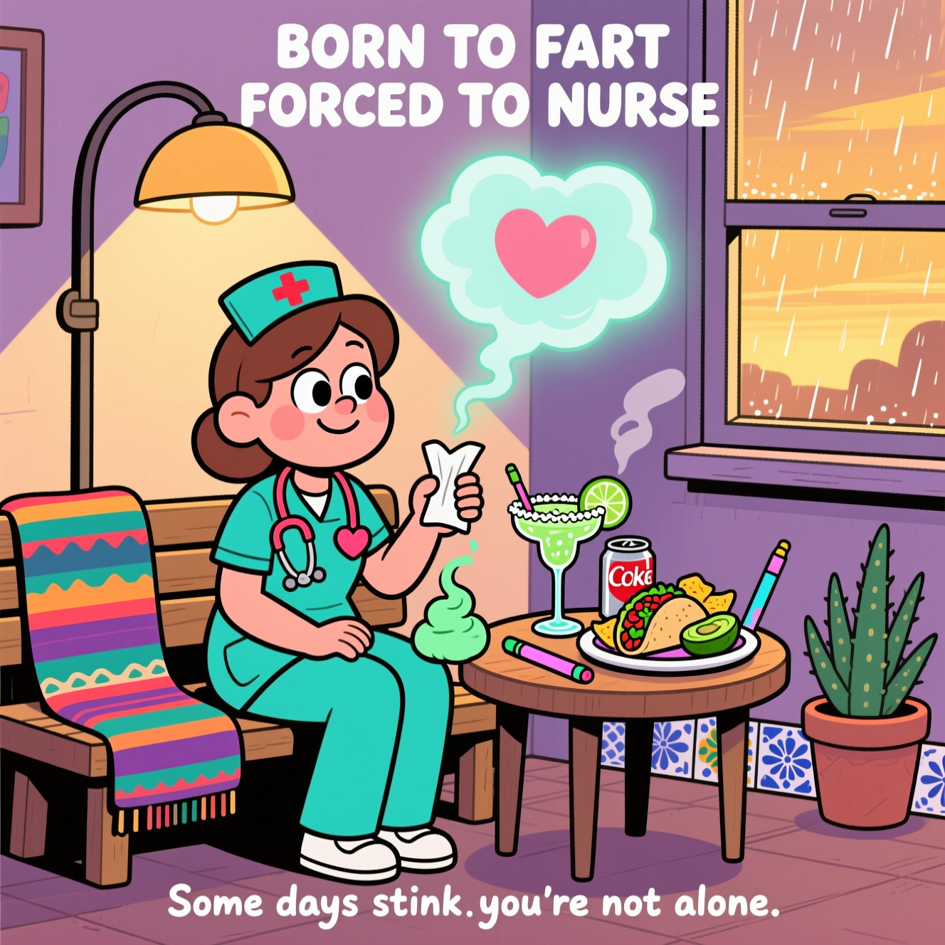 Fart, Diet Coke, Nursing, Margaritas, Mexican Food, Alcohol, Vaping, and Sympathy Card