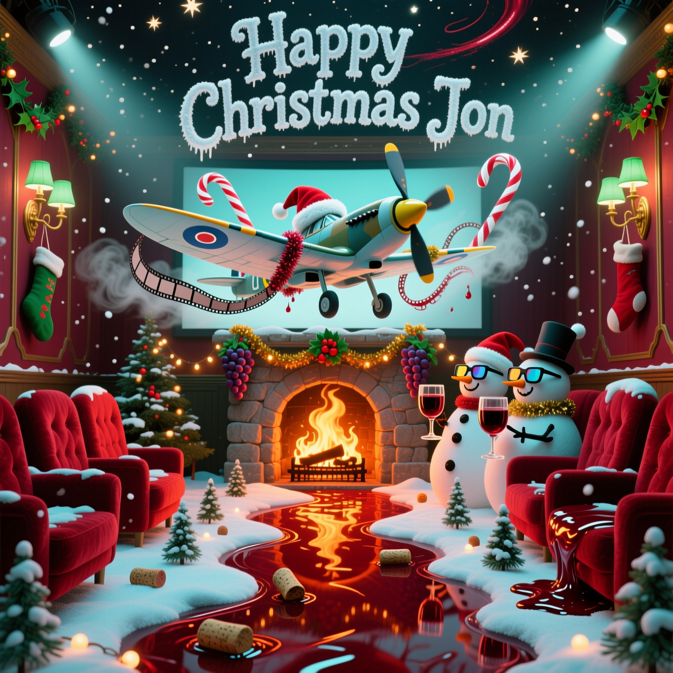 At the top of the Surreal Style image, Happy Christmas Jon in frosted, hand-painted letters, gently warping in the fireplace heat-haze

A dreamlike, Dali-inspired cinema interior where the movie screen is a roaring stone fireplace; flames curl into looping filmstrips and grape clusters, casting long, ethereal shadows. A glossy river of red wine defies gravity, flowing up the center aisle like liquid ribbon, reflecting fairy lights and bobbing corks that act as tiny buoys. Bursting halfway out of the hearth-screen is a festive Supermarine Spitfire: tinsel-wrapped fuselage, a jaunty Santa hat on the canopy, its spinning propeller a gleaming corkscrew; translucent wings morphing into melting reels of film, trailing candy-cane vapor and a splash of burgundy contrail that spirals into the starry ceiling. Red velvet seats sag and melt into puddles of wine-gloss, snow gently drifting through projector beams as a couple of snowmen in 3D glasses sip from oversized goblets. Art-deco sconces glow holly-green; stockings hang from the proscenium; the aisle is lined with tiny, snow-dusted firs. Color palette of deep burgundy, ember-orange, icy teal, and gold; soft volumetric light, glassy reflections on wine, surreal elongated forms, playful and funny, cozy and festive, painterly detail.

On the glowing cinema marquee inside, small cheeky caption: Now Showing: The Grapes of Hearth
Generated with these themes: Cinema, red wine, fireplace, spitfire, and .
Made with ❤️ by AI.