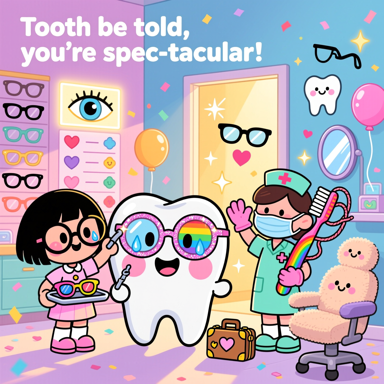 At the top of the Cartoon Style image, "Tooth be told, you're spec-tacular!"

A kawaii farewell scene in bright Cartoon Style: Center stage, a giant smiling tooth character with rosy cheeks and sparkling eyes wears oversized glittery round spectacles. To the left, a cute Optical Assistant with huge round glasses, bob haircut, and a pastel outfit cheerfully adjusts the tooth’s specs with a tiny tool while holding a tray of colorful frames. To the right, a kawaii Dental Nurse in mint scrubs and pink gloves (mask tucked under chin) waves with one hand and cradles a giant rainbow toothbrush and a loop of floss shaped like a heart with the other. Both characters have exaggerated proportions (big heads, tiny bodies), thick outlines, and whimsical, energetic poses with joyful, teary sparkles in their eyes.

Background: A playful split setting that blends optometry and dental worlds—left wall shows a tidy grid of glasses frame silhouettes and a glowing eye chart made of cute shapes (no letters), right wall shows smiling tooth icons, a shiny dental mirror, and a plushy dental chair with a friendly face. Behind them, an open doorway pours warm golden light and floating heart-shaped sparkles, suggesting a happy send-off. Pastel confetti, twinkling stars, and balloons shaped like a tooth and a pair of glasses drift around. A tiny suitcase with heart stickers sits near their feet.

Style and palette: thick black outlines, bold saturated candy colors (bubblegum pink, mint, lemon, lavender, sky blue), glossy highlights, soft gradients, clean vector-like finish, subtle drop shadows, dynamic motion lines. Portrait orientation, large central composition. Important: include only the single text line at the top; no other words anywhere.
Generated with these themes: Kawaii style characters, Optical Assistant , Dental Nurse, and .
Made with ❤️ by AI.