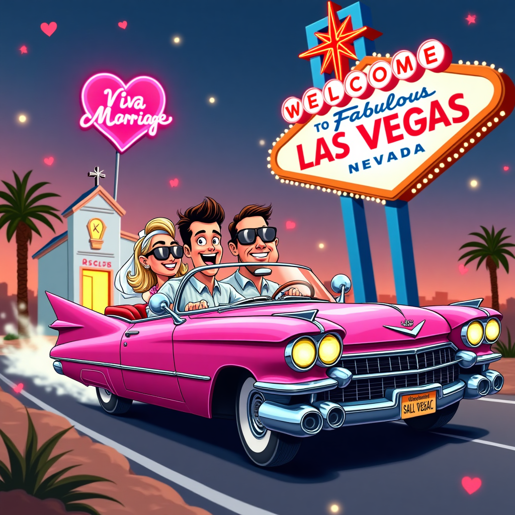 A couple driving in an Elvis-pink Cadillac. He is holding the wheel, and she is sitting next to him. They are driving away from a little white chapel in Las Vegas with the traditional Elvis Presley sign on the chapel., Instead of the “Welcome to Las Vegas” sign, please show the words: “Happy First Wedding Anniversary” in the same style., Insert  somewhere suitable “Konstantin & Kirsty” on one line in neon lights., and Anniversary Card