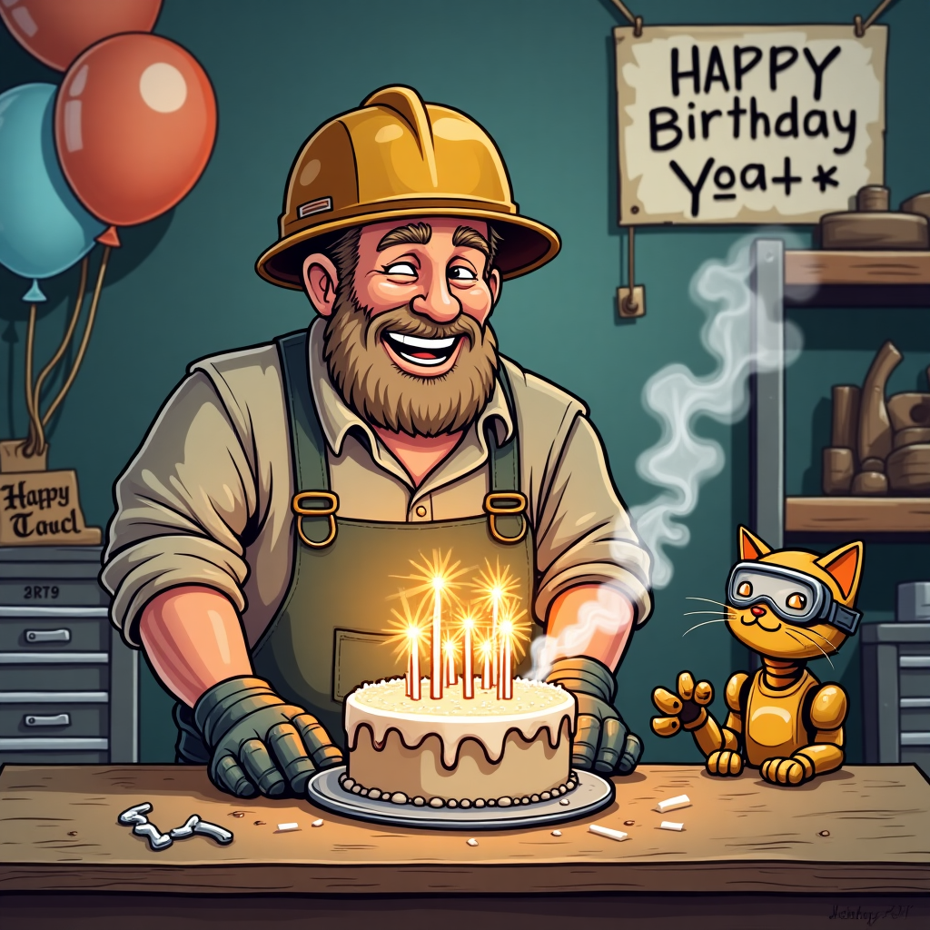 At the top of the illustration image, "Weld Done, Bryce — You’ve Baked It Another Year!"

An illustrated scene featuring a grizzled but jolly welder in full gear (helmet flipped up, big grin), holding a birthday cake made entirely of metal—sizzling sparklers welded on like candles. Behind him, a cluttered workshop with “Happy Birthday” signs made from bent steel rods and balloons tied to toolboxes. The cake smokes slightly as if just “forged fresh,” while a curious robotic arm tries to lick the icing. A shop cat in safety goggles watches unimpressed from atop a welding table. The mood is bright, industrial, and hilariously heartwarming.
Generated with these themes: Welder with birthday cake.
Made with ❤️ by AI.