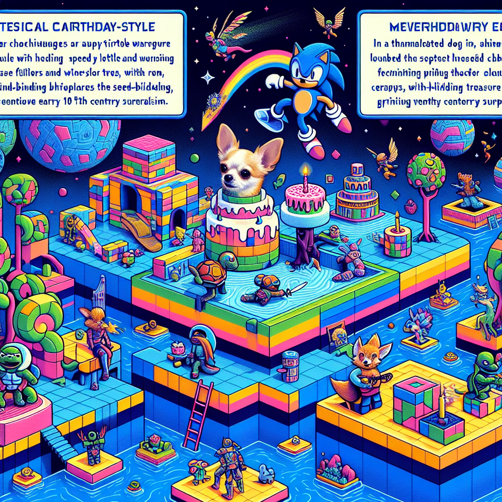 The setting is a fantastical cartoon-style birthday celebration, occurring in a universe replete with buoyant islands connected by vibrant rainbow walkways. In the merriment's eye, a Chihuahua, garbed in playful turtle warrior attire, playfully engages in friendly duels with speedy hedgehog and web-slinging superhero figures, who bound and whirl from isle to isle. A blue animated dog arranges a mind-bending treasure pursuit, concealing hints within surreal melting timepieces reminiscent of early 20th century surrealism. Young attendees congregate around an animated, humanoid figure from a popular block building game, learning to draw as their illustrations spring into existence, blending with guests. Surrounding them, an environment inspired by a pixel-graphic world-building game flourishes with idiosyncratic square creatures and sweet-bearing trees, casting patterned silhouettes that caper in sync with the party's joyous cadence.
Generated with these themes: Chihuahua, Teenage mutant ninja turtles, Sonic, Spiderman, Bluey, Drawing, Roblox, and Minecraft.
Made with ❤️ by AI.