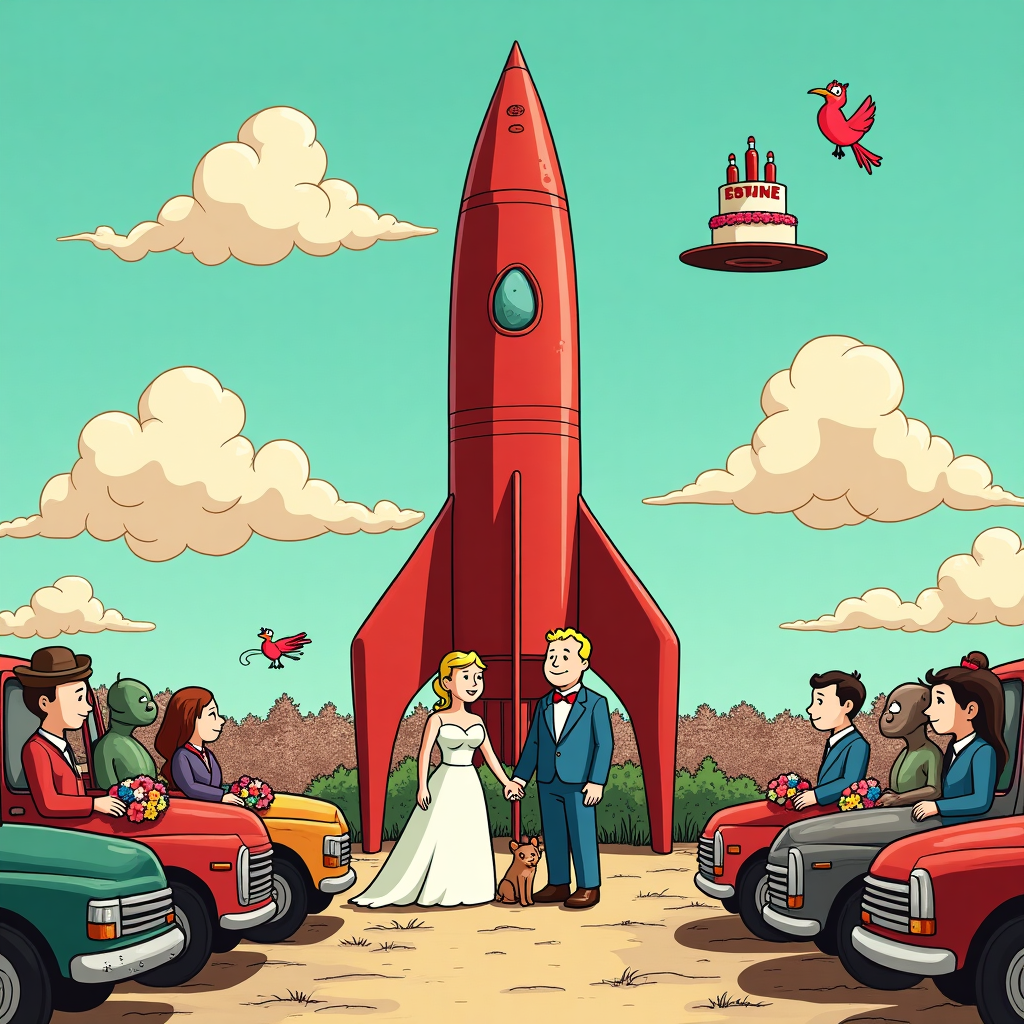 In a vibrant, whimsical wasteland scene, imagine a cartoon wedding unfolding at the iconic Red Rocket station from the Fallout video game. The station's towering red rocket serves as the unconventional altar backdrop, decorated with quirky, makeshift floral arrangements made from hubcaps and colorful Nuka-Cola bottles. The bride, dressed in a gown constructed from Vault-Tec jumpsuit fabric, stands opposite the groom, who wears a suit resembling Power Armor components cleverly reimagined for nuptial elegance. Dogmeat, the faithful German Shepherd from the game, playfully acts as the ring bearer, holding the rings attached to a mini Pip-Boy on his collar. The audience consists of a diverse mix of animated wasteland characters—Super Mutants in bow ties, Ghouls sporting dapper hats, and cheerful Vault Dwellers—all seated on upturned, rusted car hoods. Above, a cartoonish Radroach-topped cake sits on a repurposed workbench. The sky is a playful shade of teal with giant cotton candy clouds, echoing the whimsical world of Charles Schulz and the surreal storytelling of Gary Larson. A few cartoon birds, reminiscent of Walt Disney’s classics, flutter joyfully around the scene, adding a touch of timeless magic to this post-apocalyptic wedding celebration.
Generated with these themes: Fallout video game, Dogmeat , and Red rocket station .
Made with ❤️ by AI.