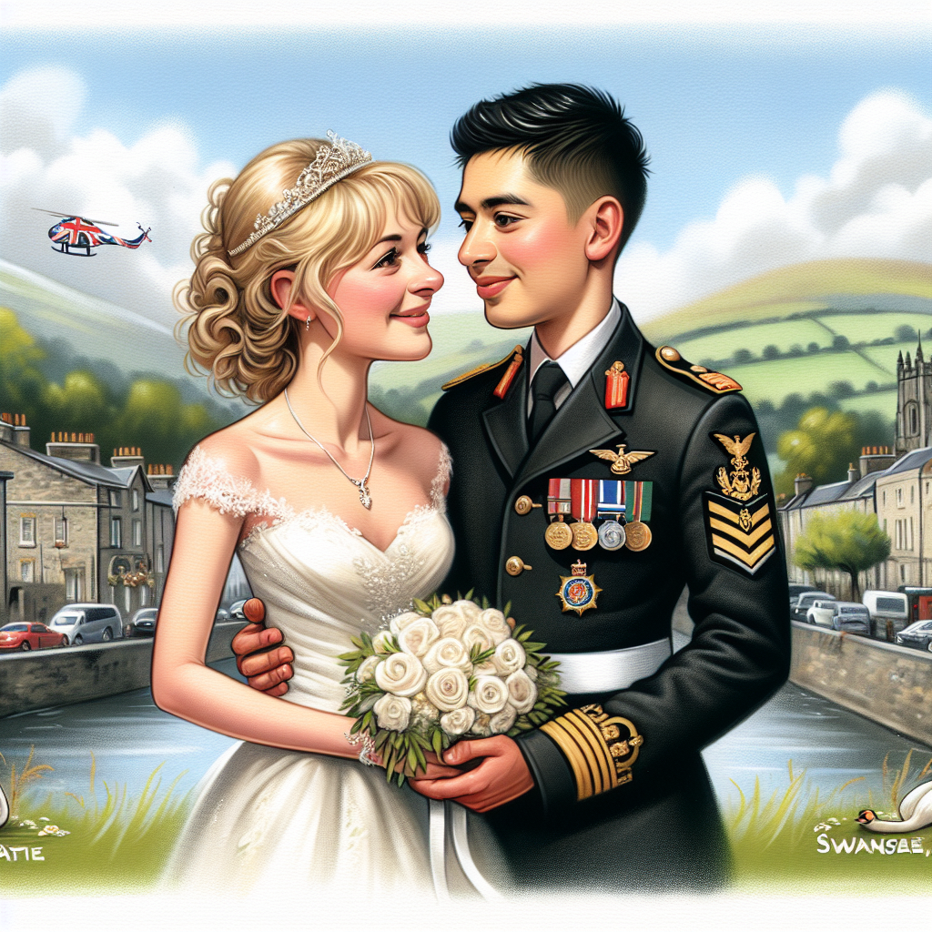 A lovely, endearing caricature of a wedding scene set against the charming landscape of Harrogate, Yorkshire. The bride is a Caucasian woman with golden blonde hair, donned in a crisp UK Army uniform. She tenderly holds hands with the groom, a Hispanic man with dark hair, sporting the refined attire of the UK Navy. Further enriching the romantic ambiance are subtle touches representing Swansea, Wales, indicative of their unique personal journey together.
Generated with these themes: Female, long blonde hair, UK army, Male, dark hair, UK navy, Harrogate Yorkshire, and Swansea, Wales.
Made with ❤️ by AI.