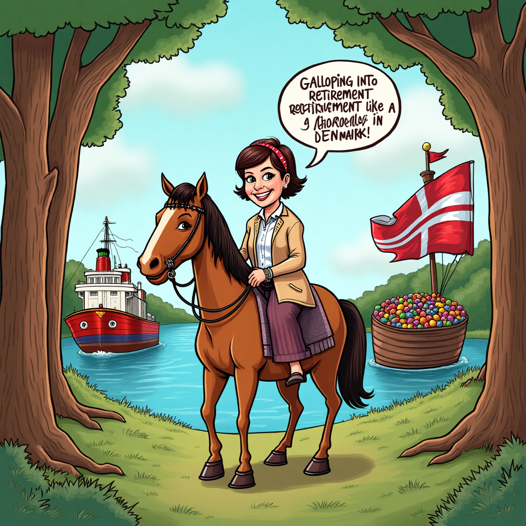 At the top of the Cartoon Style image, write: **Happy Retirement Anne!**

**Image Prompt:**

Create a playful cartoon scene with a vibrant, energetic atmosphere. In the center, feature a 50-year-old lady with short brown hair, adorned with a headband and lots of jewelry. She's wearing a long skirt and an ink cardigan, standing in a whimsical forest clearing. She's joyfully riding a horse, both of them grinning widely. In the background, depict a tanker ship sailing on a chocolate river, with the trees of the woods adorned with colorful chocolate bars instead of leaves.

To the side, draw a flag of Denmark proudly waving on a comically oversized chocolate bar boat. The entire scene is filled with bright saturated colors and thick outlines, capturing a sense of fun and celebration. Add a speech bubble above the lady that says, "Galloping into Retirement like a Chocoholic in Denmark!"
Generated with these themes: A 50 year old lady with brown short hair, wearing a headband, lots of jewellery, a long skirt and ink cardigan. She loves her horse, tanker ships, the woods, flag of Denmark and chocolate., A 50 year old lady with brown short hair, wearing a headband, lots of jewellery, a long skirt and ink cardigan. She loves her horse, tanker ships, the woods, flag of Denmark and chocolate., , and .
Made with ❤️ by AI.