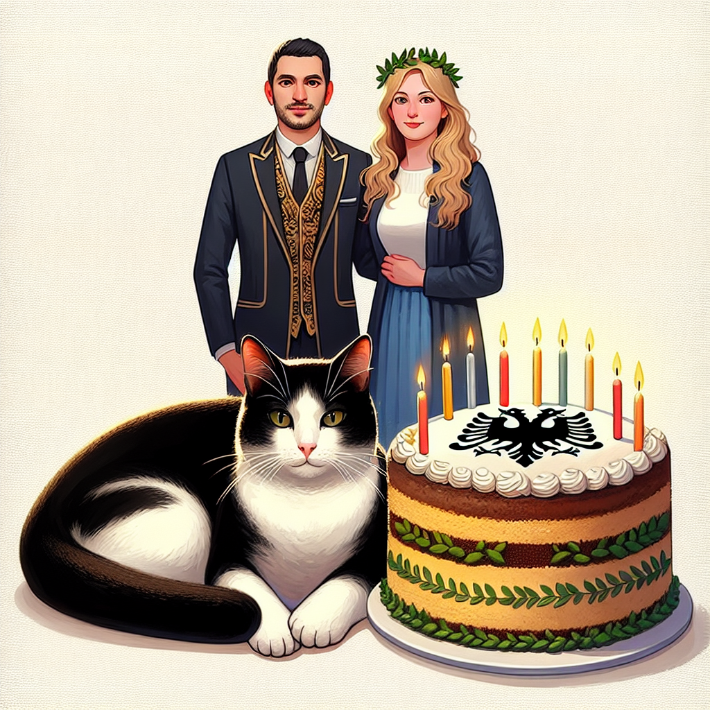 Create an image of a charming Tuxedo cat curled up next to an appetizing Trileche cake. The cake is adorned with candles, indicating a birthday celebration. Standing beside the cake, there is an Albanian husband wearing a distinct qeleshe, and a Greek Cypriot wife distinguished by a laurel crown. They stand arm in arm, their unified stance highlighting the blend of their cultures in this warm and festive moment.
Generated with these themes: Tuxedo cat, Trileche, Albanian husband, and Greek cypriot wife.
Made with ❤️ by AI.