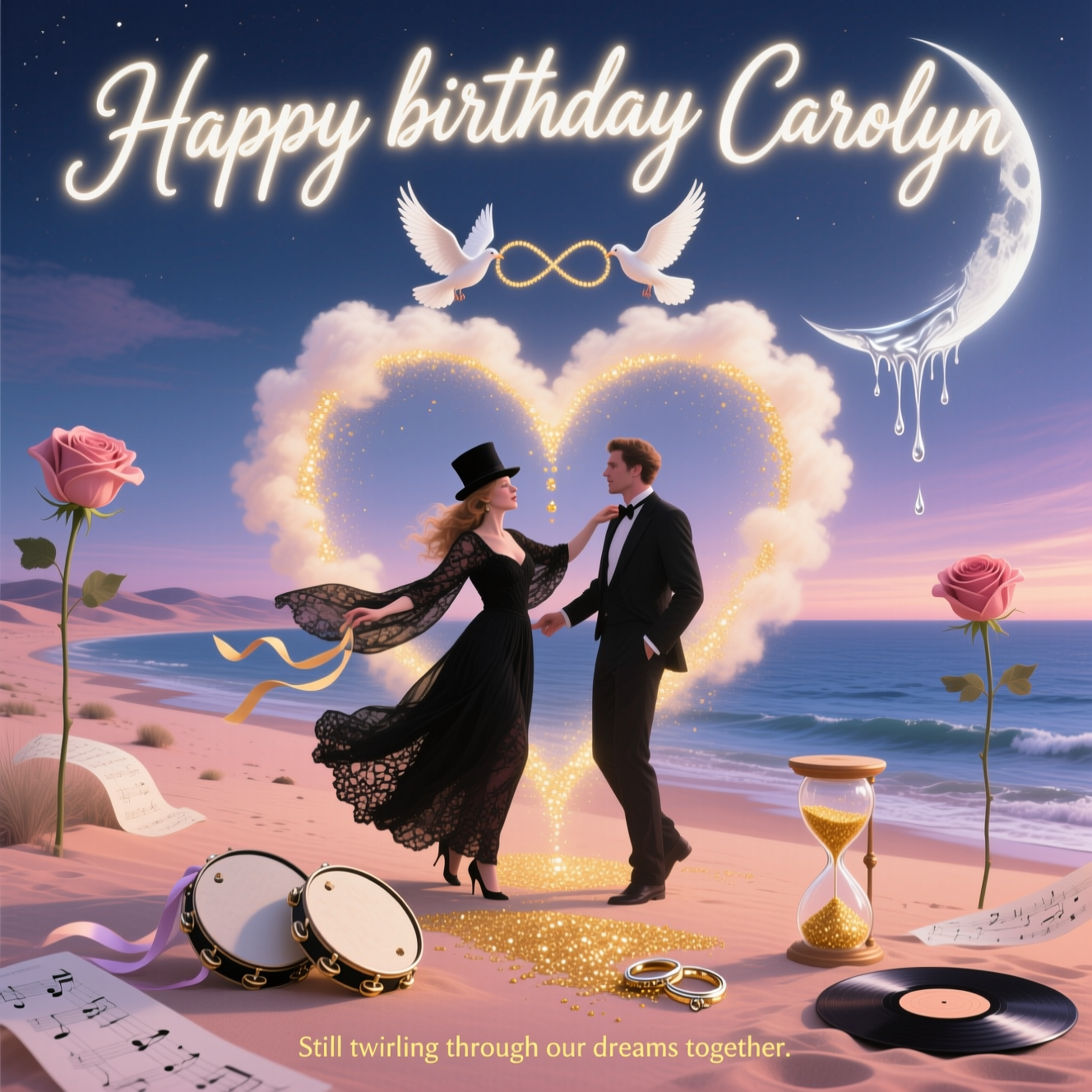 At the top of the Surreal Style image, the text “Happy birthday Carolyn” in luminous hand-lettered script, pearl-white with a soft gold-dust shimmer, gently arcing across the sky

A dreamlike, Dali-inspired twilight scene with sincere, romantic warmth: an otherworldly desert shoreline where a silky indigo sea melts into rose-gold sand; a giant crescent moon drips liquid silver onto the horizon, casting long, elegant shadows. Center stage, a Stevie Nicks–esque songstress in flowing black chiffon and lace—vintage top hat, tambourine with ribbon streamers—twirls with a loving partner; their shawls billow outward and transform into a glowing heart-shaped cloud of golden dust. Two interlocked tambourines rest in the sand like wedding rings, their ribbons becoming two white‑winged doves that trace an infinity symbol overhead. A melting hourglass spills glittering “gold dust” that pools into entwined hearts; tall, surreal roses with sheet‑music petals bloom from the dunes; a distant vinyl record shoreline softly warps into the landscape. Ethereal backlighting, soft lens bloom, pearlescent highlights, gentle mist; color palette of moonlit indigo, pearl, rose‑gold, dusky lavender, and warm cream. Painterly texture, serene and sincere mood, spacious composition with the figures and heart-cloud as the focal glow

At the bottom in a small, subtle italic caption, warm gold: “Still twirling through our dreams together.”
Generated with these themes: Stevie Nicks, and .
Made with ❤️ by AI.