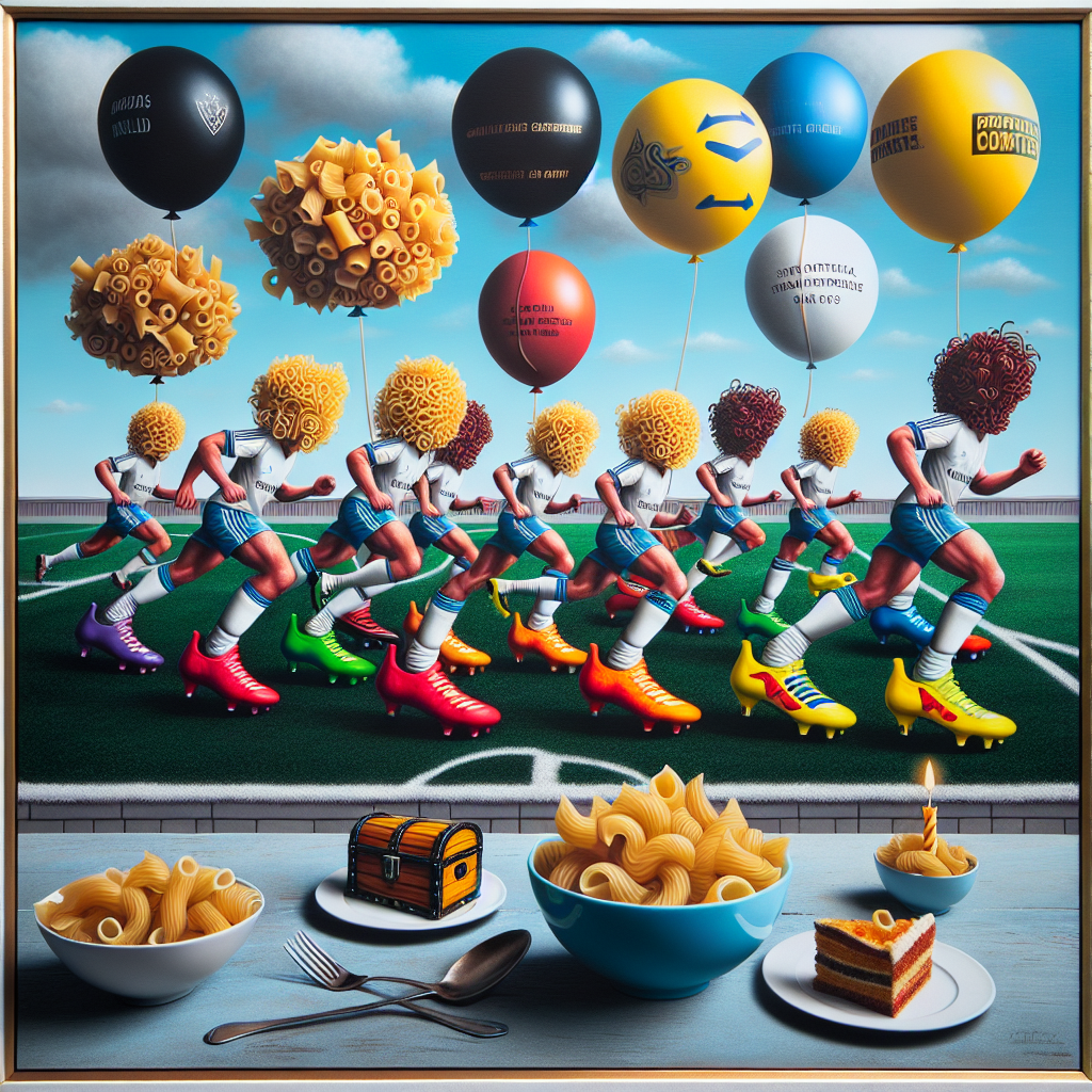 A comical, birthday-themed artwork displays an amusing interpretation of a soccer match in ongoing action. The players resemble athletic, wavy-haired soccer enthusiasts, each donning generic sports cleats with vibrant, oversized pasta shapes as studs, pursuing a ball ingeniously designed to mimic a treasure chest from a popular video game. Balloons float around the field with vague logos of a sports brand and a game, while a table positioned at the sideline is laden with inviting bowls of pasta, contributing an eccentric touch to the birthday celebrations.
Generated with these themes: Soccer, Fortnite, Nike, Pasta, and Ronaldo.
Made with ❤️ by AI.