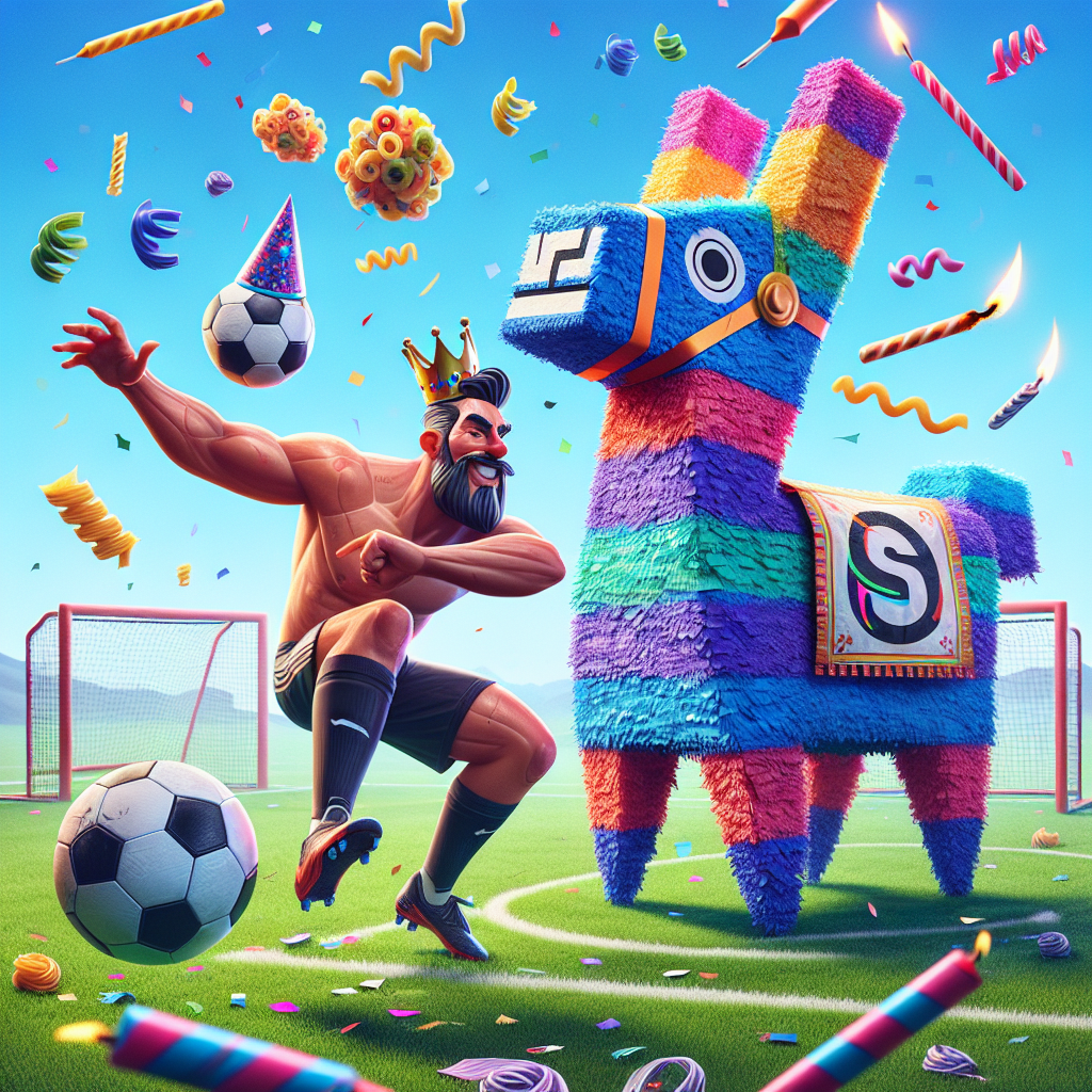 In this playful artwork, you'll find a comedic and lively scene unfolding on a brightly colored soccer field, with an added touch of birthday celebration. The central character, depicted in a humorous style, displays an uncanny resemblance to a seasoned athlete, effortlessly juggling a soccer ball while donning a festive hat. Nearby, there's an amusing llama piñata with a design inspired by a popular online game, featuring an abstract swoosh and filled not with candy, but various types of colorful pasta. Confetti is scattered in the air, and atop each goalpost, oversized birthday candles flicker and burn, lending a vibrant, celebratory aura to the sport-themed visual.
Generated with these themes: Soccer, Fortnite, Nike, Pasta, and Ronaldo.
Made with ❤️ by AI.