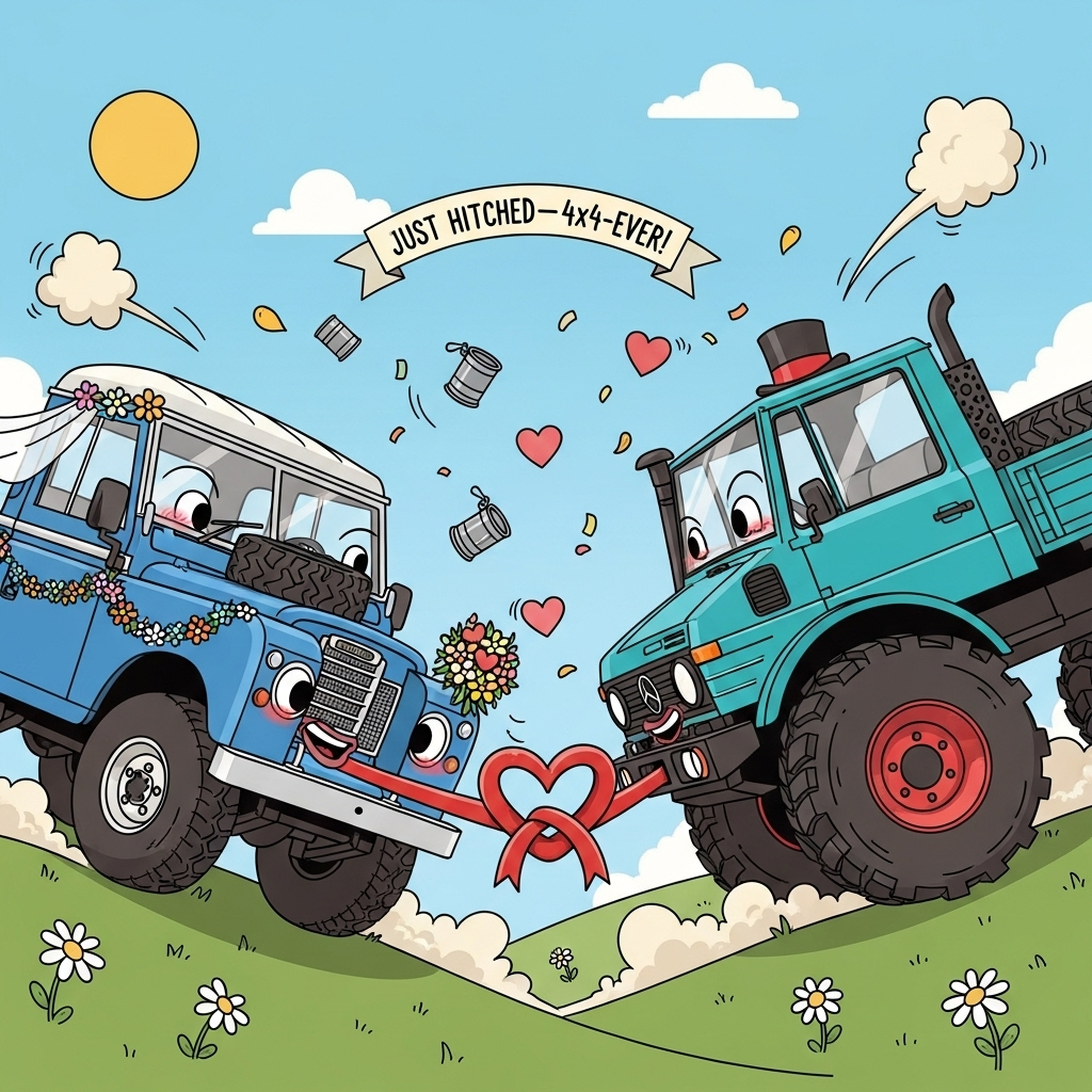Playful 2D cartoon scene with thick black outlines and bright, saturated colors. Center frame, slightly low angle for exaggeration. A vintage blue Land Rover pickup (boxy cab, short bed, chunky tires, white roof) and a tall turquoise Unimog (cab-over shape, huge wheels, portal-axle stance) are anthropomorphized as a newlywed couple. The two trucks lean toward each other with big smiling grilles, blushing headlight “cheeks,” a tiny veil on the Land Rover’s mirror and a mini top hat on the Unimog’s. Their front tow hooks are tied together by a bright red tow strap knotted into a large heart-shaped bow—“tying the knot.” Flower garlands drape their grilles, tin cans dangle and clatter from the back, confetti and petals swirl around them, and puffy heart-shaped dust clouds and cartoon motion lines add bounce and energy. Background: sunny blue sky, rolling green hill with simple daisies; clean, uncluttered backdrop to keep focus on the duo. Cel-shaded, flat color blocks, crisp vector feel, whimsical proportions.

Add small on-image text: “Just Hitched—4x4-ever!”
- Placement and style: one short hand-lettered line on a little curved ribbon banner floating above the trucks; chunky lettering, white fill with teal outline and soft drop shadow.
- No other text, labels, or logos anywhere.
Generated with these themes: Blue Landrover pickup, Turquoise unimog, and .
Made with ❤️ by AI.