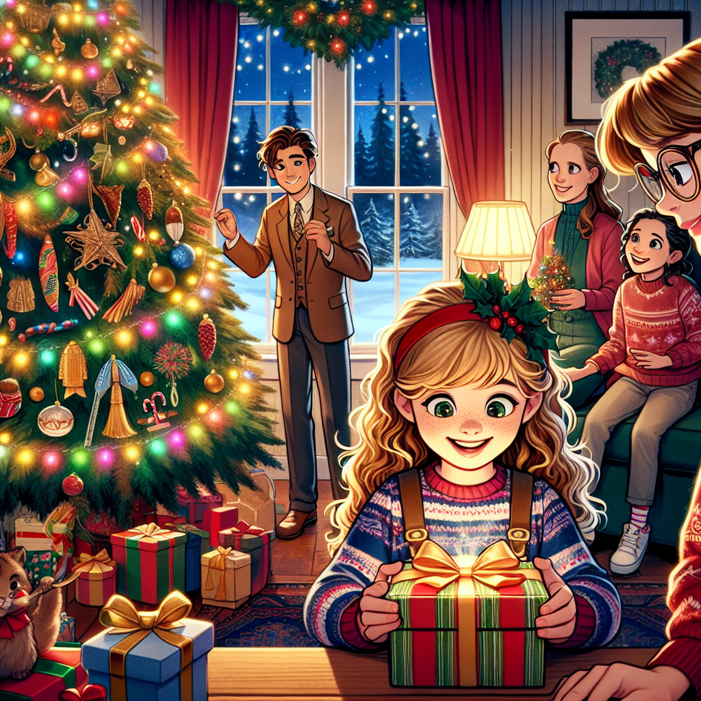 Christmas tree with girl 10 years (blond long hair, glasses) girl 13 years (hair blond long and curly, no glasses), mother (overweigh, asymetric brown hair with blond at the front) and father (short brown hair, glasses, short beard) Christmas Card