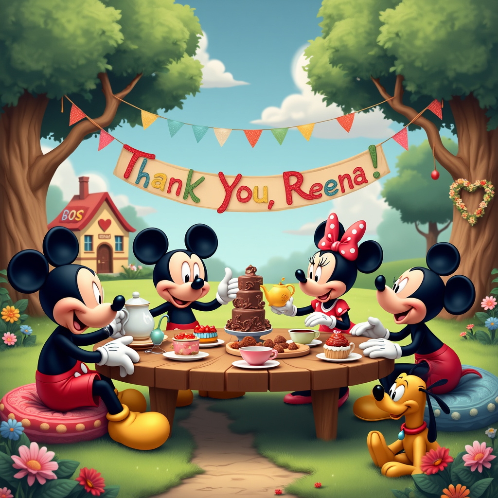 Imagine a whimsical park on a sunny day with a backdrop of a lush, green landscape dotted with blooming flowers and trees. In the center of the scene, there's a large, round wooden table set up for a tea party. Mickey Mouse, in his iconic red shorts and yellow shoes, is seated at the head of the table. Beside him, Minnie Mouse in her polka-dotted dress pours tea from a dainty teapot into mismatched teacups. 

Around the table are other characters: Goofy is holding a tray of assorted chocolates, Donald Duck is handing out napkins with a stern yet caring look on his face, and Pluto is playfully wagging his tail at the foot of the table, looking up at everyone with anticipation. They are all sitting on comfortable-looking, colorful cushions, each with unique patterns that hint at their personalities.

Behind the table, there's a banner strung between two trees with colorful flags that spell out "Thank You, Reena!" in playful, hand-drawn letters. The banner flutters gently in the breeze. To the right of the table, there’s a large tree with a heart carved into its trunk, inside which are the initials of Mickey, Minnie, and their friends, symbolizing their enduring friendship.

On the table, besides the teapot, there are plates of delicious-looking sandwiches, cupcakes with intricate frosting, and a chocolate fountain with fresh strawberries. Each character is animatedly engaged in conversation, their expressions radiating warmth and camaraderie.

In the background, a soft trail leads to a cozy-looking little house with a sign that reads "Boss's Office" on the door, subtly suggesting that Mickey and Minnie are the 'bosses' of this delightful gathering, orchestrating the thank-you tea party.

Overhead, fluffy clouds float lazily across a clear blue sky, and among them, one cloud is creatively shaped to spell out "Reena," adding a personal touch to the scene.

This intricate and heartfelt scene captures the essence of family, friendship, and gratitude, with charming elements that seamlessly blend the themes of Mickey Mouse, a cup of tea, chocolate, and a boss into a cohesive and visually engaging greeting card cover.
Generated with these themes: Mickey mouse, Family, Friendship, Cup of tea, Chocolate , and Boss.
Made with ❤️ by AI.