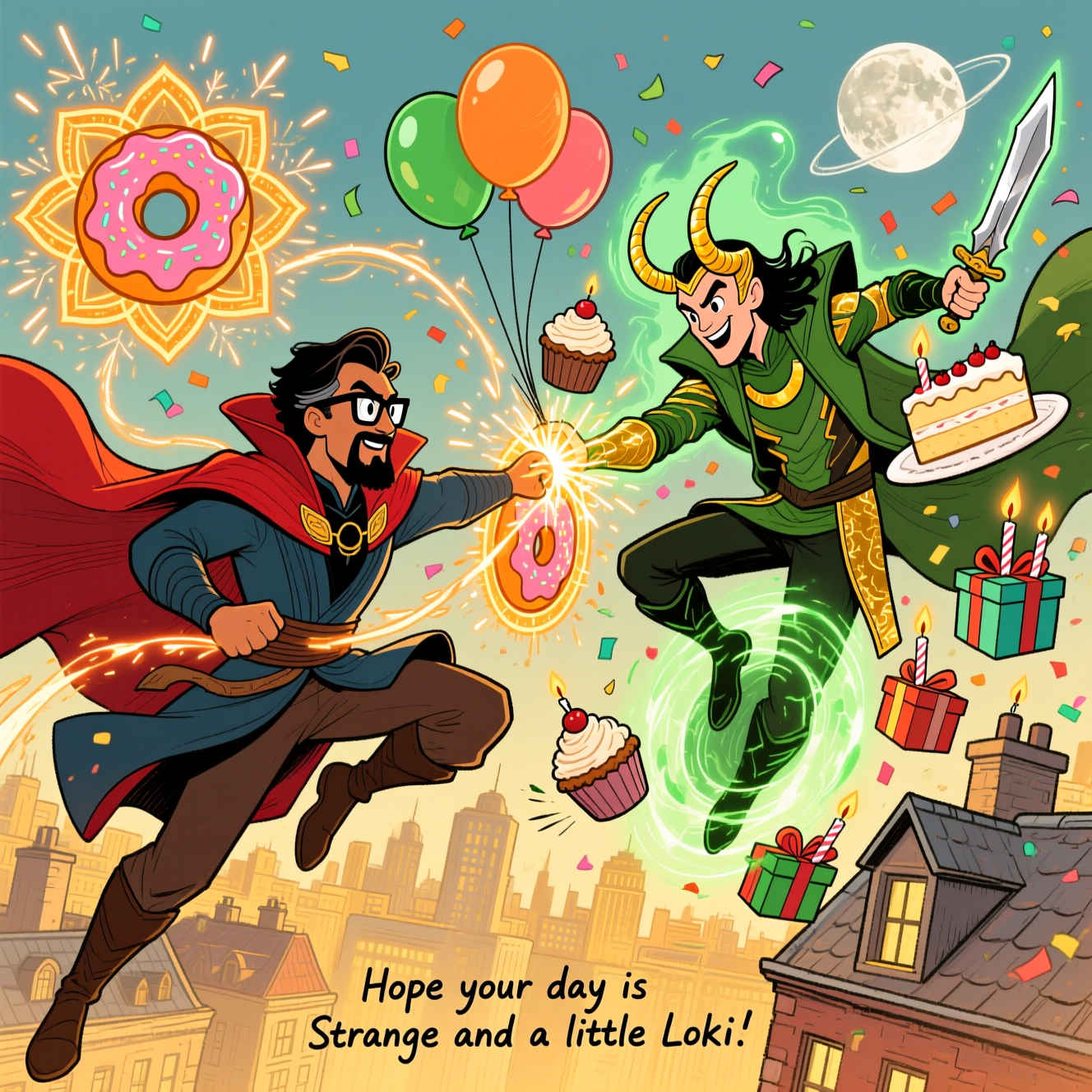 Hand-drawn illustration, fine linework, textured brush strokes, balanced composition, warm expressive color palette. A funny, high-energy Marvel-style battle: Doctor Strange (Pakistani, warm brown skin, black rectangular glasses, short goatee, iconic red cloak billowing) duels a smirking Loki (golden horned headpiece, green-and-gold attire) mid-air. Strange whips glowing orange-gold mandala shields that look like frosted birthday donuts and sparklers, opening a portal raining balloons and confetti; Loki counters with emerald magic and daggers that are actually lit birthday candles, plus multiplying illusion gift boxes. One balloon is tangled on Loki’s horn, a cupcake flies through a mini-portal, and a slice of cake orbits like a moon. Dynamic Dutch tilt, kinetic motion lines, soft painterly city rooftops below. Warm gold vs emerald light clash, visible brush texture, crisp ink outlines, playful and lighthearted (no gore). Small, hand-lettered caption at the bottom center, single line: “Hope your day is Strange and a little Loki.” No other text or logos.
Generated with these themes: Dr Strange marvel (Pakistani brown skin with black glasses) fighting , Fight scene Marvel , Loki marvel , Battle fight scene , and .
Made with ❤️ by AI.