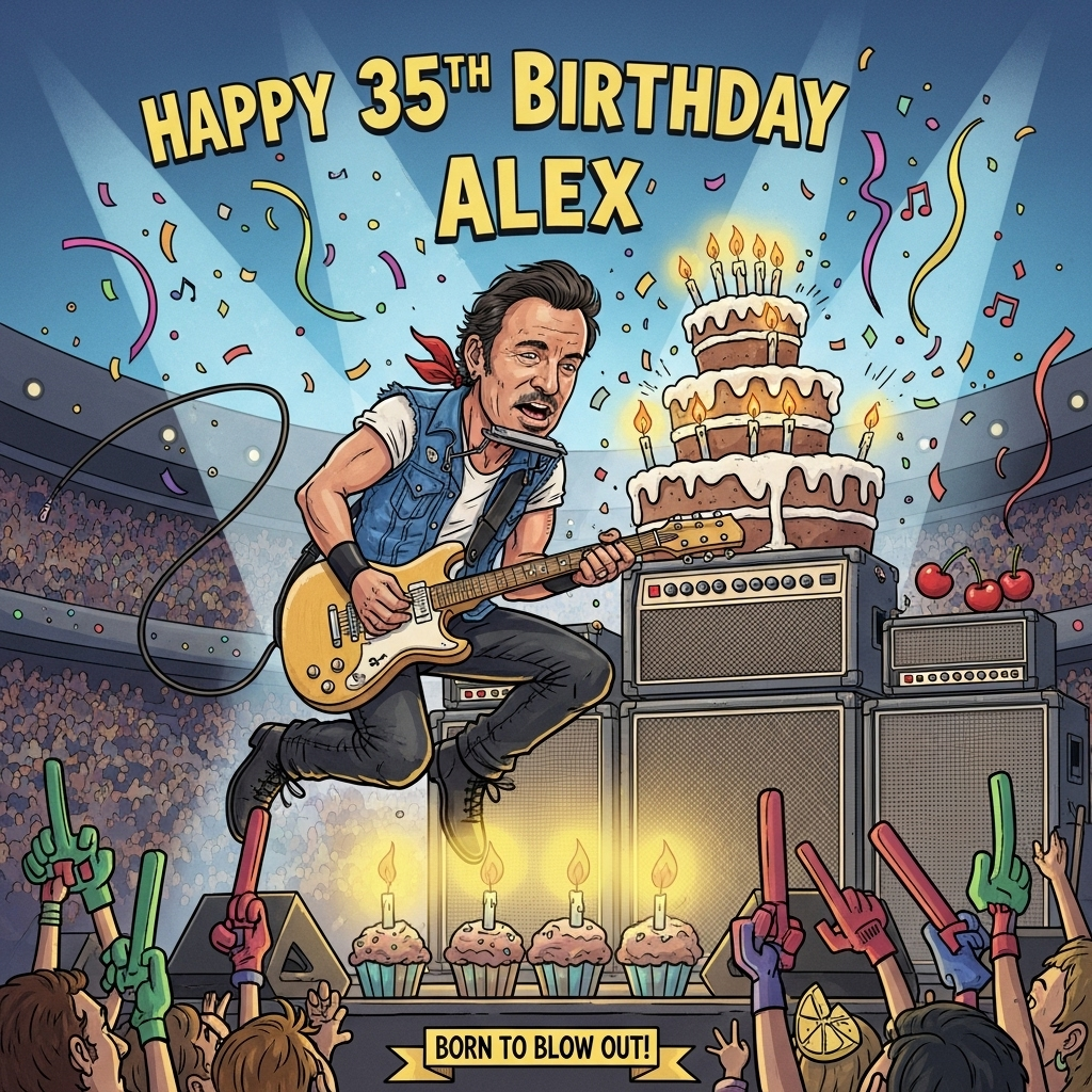 At the top of the Cartoon Style image, "Happy 35th Birthday Alex" in big, bold, playful lettering with thick outlines, centered.

A funny, high-energy cartoon scene of Bruce Springsteen rocking a stadium stage: a caricature of Springsteen mid-air “rock jump” with exaggerated proportions (big expressive head, compact body), denim vest over white tee, rolled-up sleeves, black jeans, red bandana, harmonica holder, and a vintage blonde electric guitar. The amp stack behind him is actually a towering multi-tier birthday cake, iced like amplifiers with frosting “knobs,” rainbow sprinkles, and candle flames doubling as dramatic stage spotlights. Springsteen’s guitar cable curls like a party streamer; confetti and musical-note streamers burst across the scene. Cupcake “stage monitors” sit at his feet for a gag. A cheering crowd of cartoon fans in the foreground with foam finger guitars and candle-lighter flames glows. Bright saturated colors (electric blues, cherry reds, lemon yellows, neon magentas), thick black outlines, clean cel shading, and dynamic motion lines for a playful, whimsical vibe. Slight low-angle view to make the jump heroic. Keep the composition image-first and lively.

Add one small extra caption at the bottom on a guitar-pick-shaped banner: "Born to Blow Out!"

No other text or logos.
Generated with these themes: Bruce Springsteen , and .
Made with ❤️ by AI.