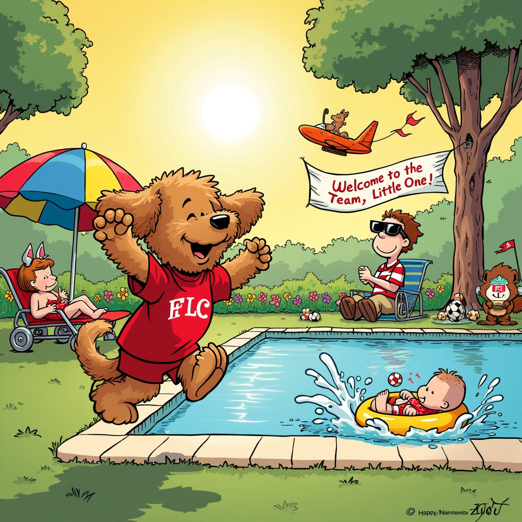 Cockapoo, LFC, Swimming, and Sunshine New-baby Card