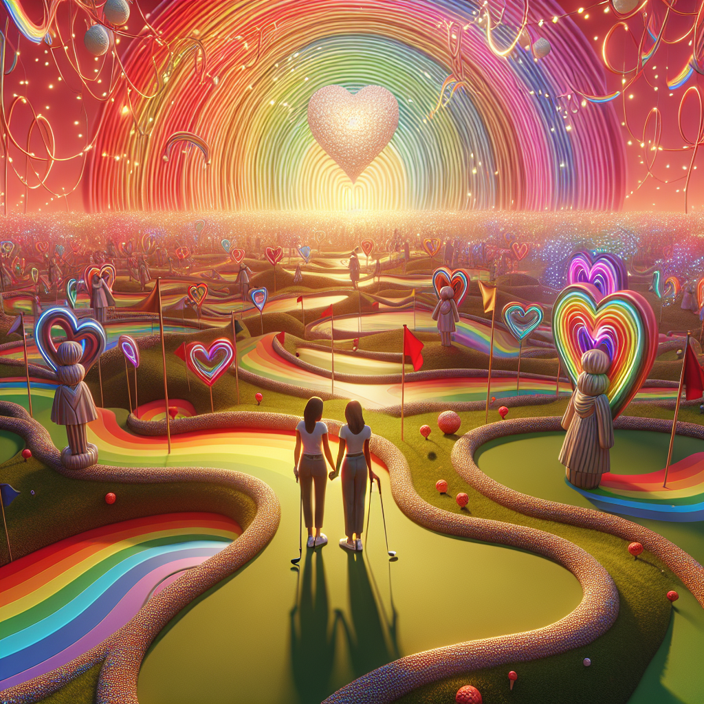 In a peaceful scene radiating with quiet dignity and authenticity, an unforgettable anniversary festivity takes place. The terrain is dotted with miniature golf courses, each featuring bizarre hindrances and rich embellishments that evoke the excitement of 'Crazy golf.' Around each bend, arcs of all colors of the rainbow scatter brilliant light across the expanse, establishing an image of hope and inclusivity. At the party's core, countless heart motifs are skillfully interwoven, symbolizing the love between two Caucasian women, the focus of this celebration. United in their enduring love and unity, they stand, holding each other's hand, reflecting the carefully conceptualized environment.
Generated with these themes: Crazy golf, Rainbows, Hearts, and Two women.
Made with ❤️ by AI.