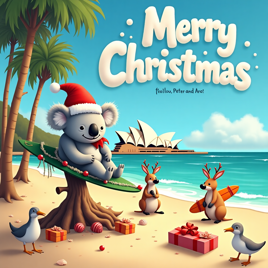 Picture a sunlit Australian beach, where Christmas magic meets the southern hemisphere's summer warmth. The focal point of the scene is a large, jolly koala wearing a red Santa hat and sitting atop a surfboard that's washed up on the golden sand. This koala has just finished decorating a small, sturdy eucalyptus tree with tinsel and baubles. Nearby, a pair of kangaroos don playful reindeer antlers, and one of them clutches a surfboard under its arm. In the azure sky above, a banner composed of fluffy clouds spells out "Merry Christmas, Peter and Ara!" In the background, the iconic Sydney Opera House peeks out from behind a row of tall palm trees, adding a touch of urban elegance to the natural setting. Scattered around the scene are bright, wrapped gifts, some slightly ajar with the occasional seashell peeking out as a quirky Aussie twist. Near the edge of the water, a group of cheeky seagulls have found a forgotten Santa boot and are trying to pull at the fluffy white trim. This whimsical scene captures the joyous spirit of an Australian Christmas with nods to beloved holiday traditions.
Generated with these themes: australia.
Made with ❤️ by AI.