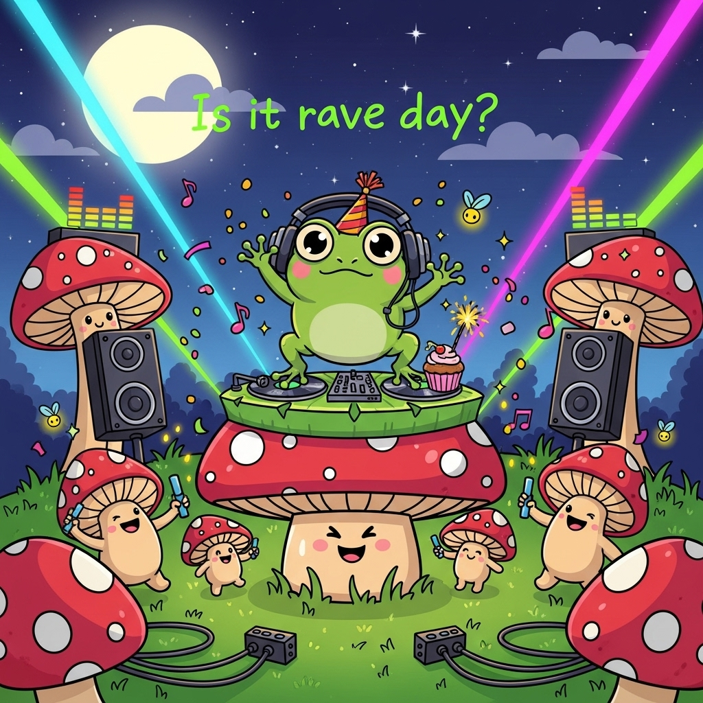 At the top of the Cartoon Style image, Is it rave day ?

Cute, playful cartoon scene with thick outlines and bright, saturated colors: in a moonlit forest clearing turned into a mini rave, a chubby big-eyed frog DJ bounces atop a giant red-and-white toadstool DJ booth. The frog wears oversized headphones and a tiny party hat, one hand in the air, the other scratching a lily-pad turntable beside a little cupcake with a sparkler. Around the stage, smiling mushroom characters boogie with glow sticks; towering mushrooms act as speakers with glowing caps and bouncing faux equalizer bars. Neon cyan, magenta, and lime lasers sweep the scene; fireflies trace glittering light trails; confetti and music-note sparkles float. Composition: portrait, large central character; subtle starry gradient sky with clear negative space at the top for the caption; foreground mushrooms and cables framing the bottom. Style: exaggerated proportions, whimsical expressions, energetic poses, bouncy motion lines, soft shading, glossy highlights, and a gentle neon rim light in a clean vector look. Render the caption as small, bubbly hand-lettering in white with a neon green outline; include no other text or logos.
Generated with these themes: Frog , Mushroom , Dj , and .
Made with ❤️ by AI.