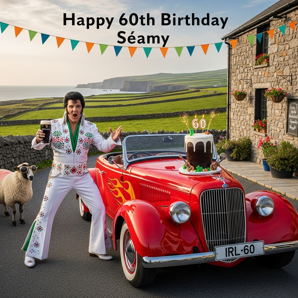 Elvis, Hot rod, guiness, birthday cake, Ireland, , and Birthday Card
