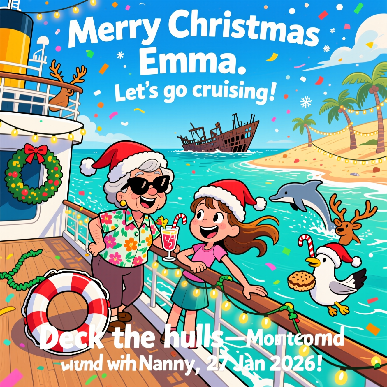 Cruise with Nanny to Moreton Island on 27 January 2026, and Christmas Card